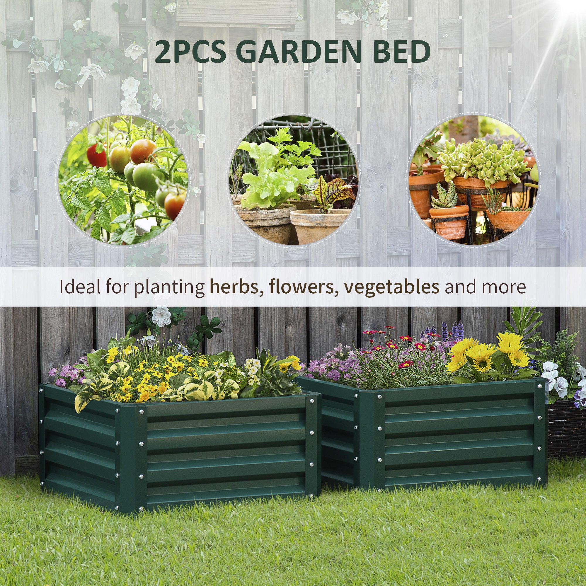 Outsunny Set of 2 Raised Garden Bed, Outdoor Elevated Galvanised Planter Box for Flowers, Herbs, 60x60x30.5cm, Green