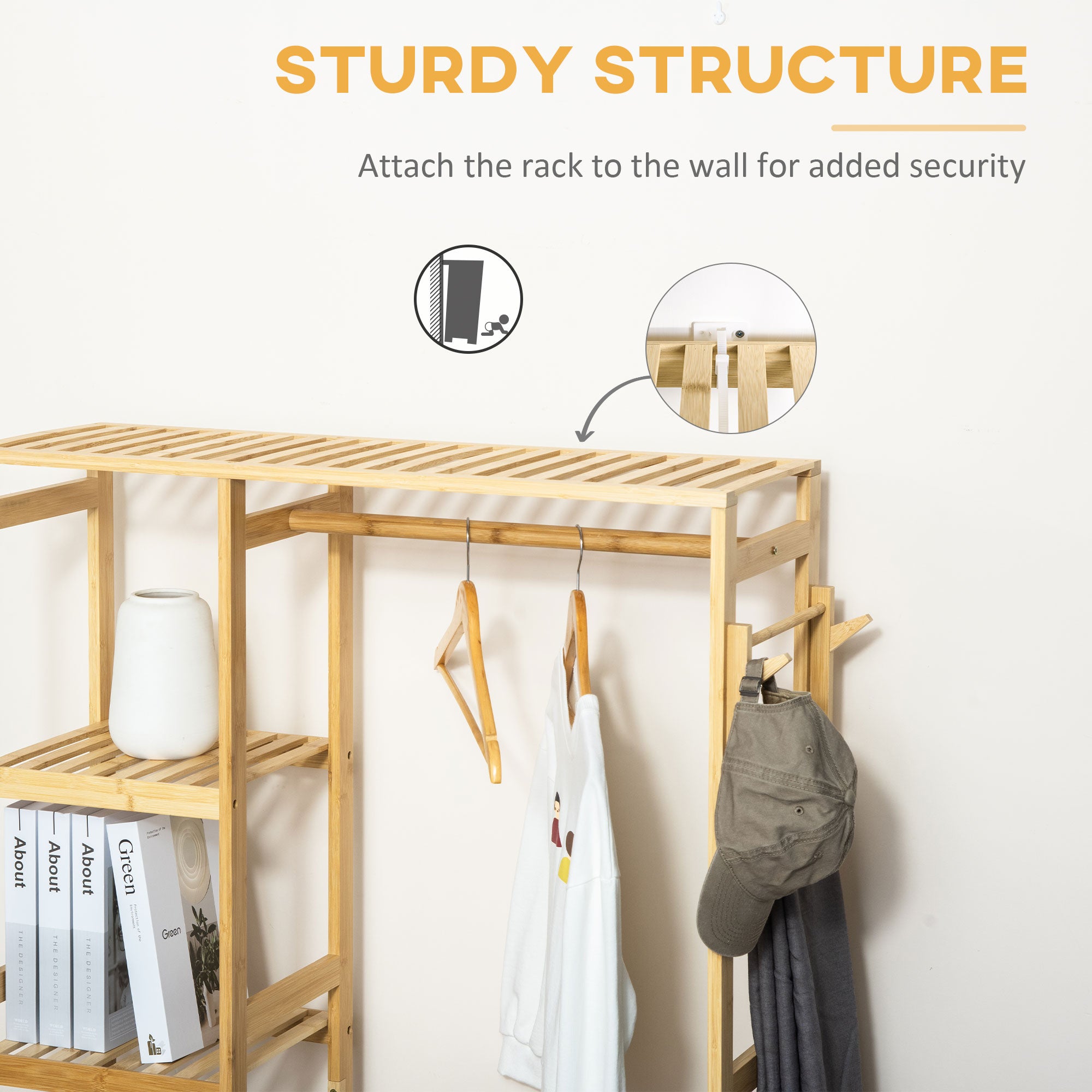 HOMCOM Bamboo Garment Rack, Clothes Rack with Storage Shelf, Hanging Rail and Side Hooks for Entryway, Bedroom, Bathroom and Office, Natural - North Peak Garden Furniture