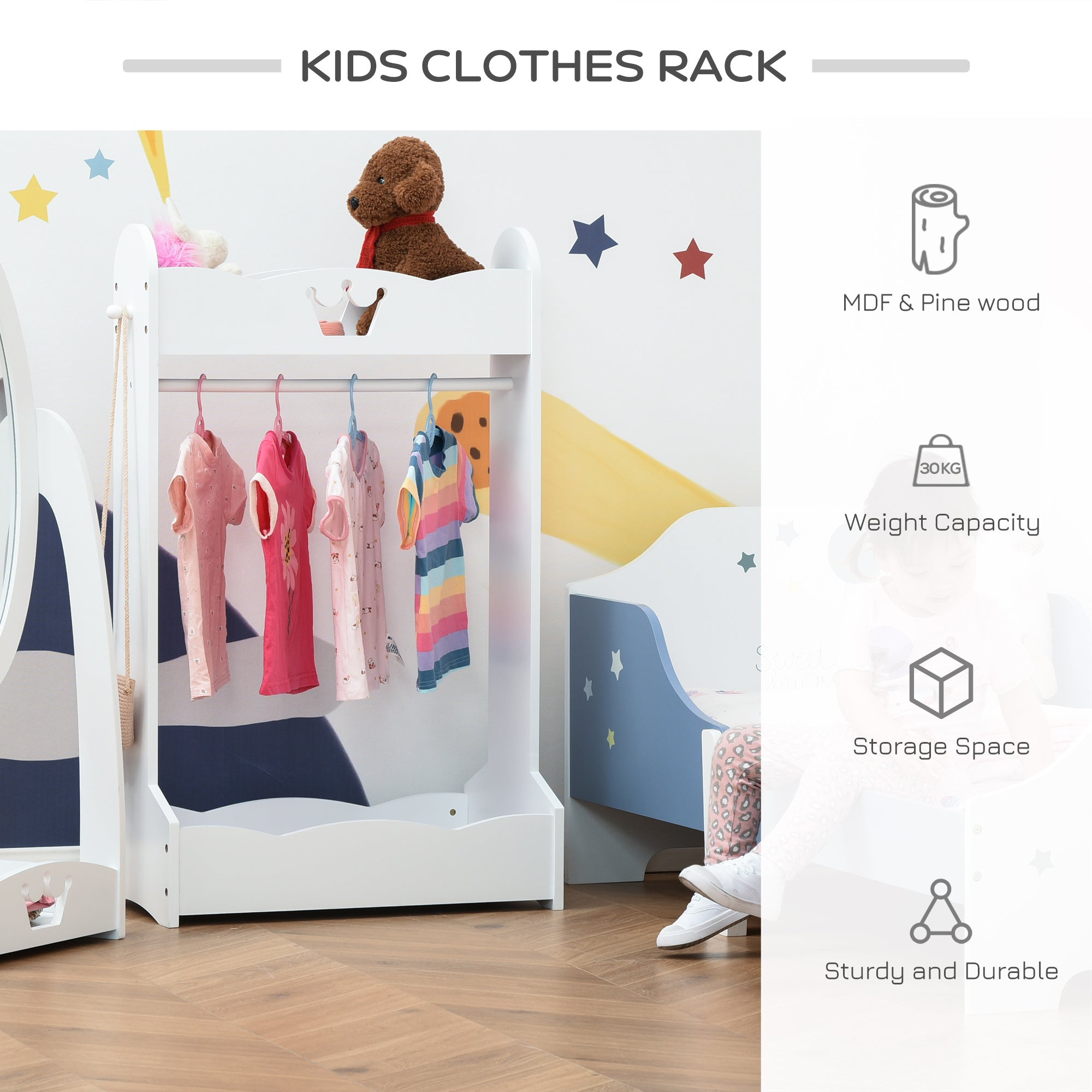 HOMCOM Kids Clothes Rail Wooden Hanging Rack with Storage Shelves Children Garment Freestanding Wardrobe for 3-8 Years Toddler, White - North Peak Garden Furniture