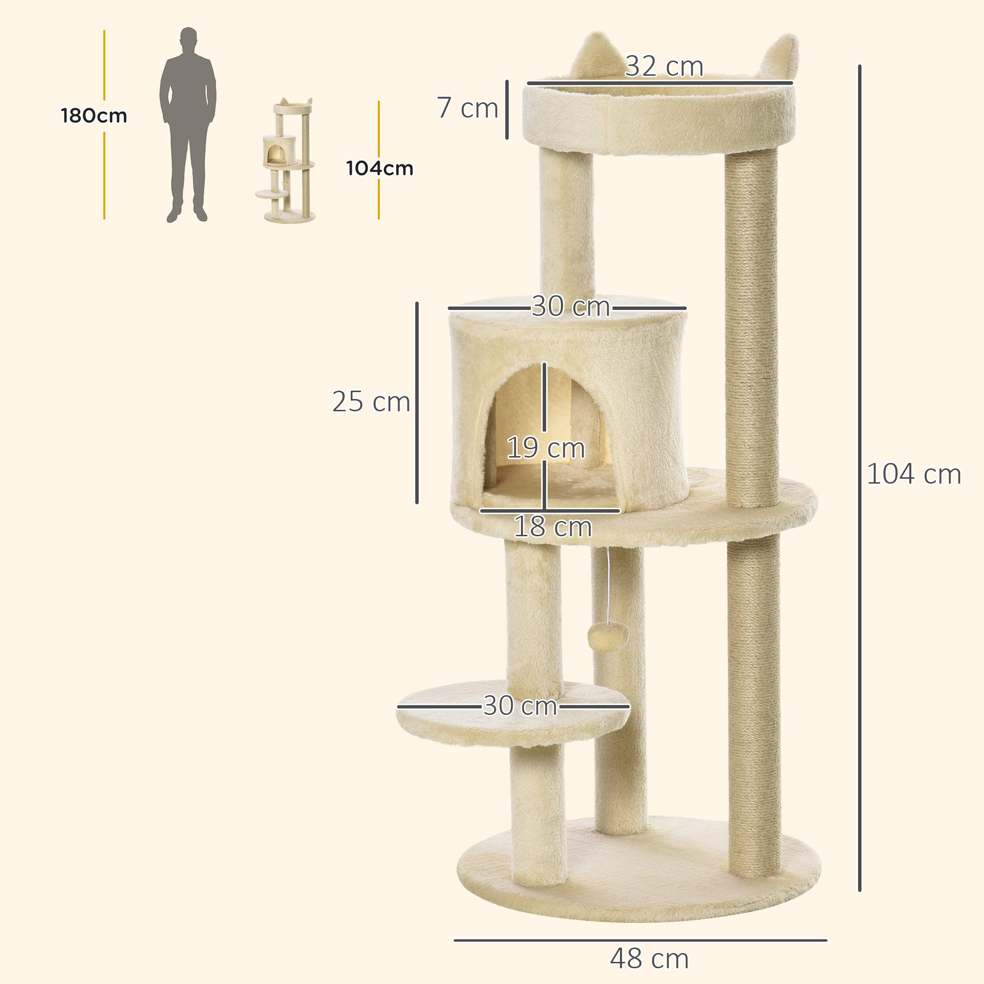 PawHut 104 cm Cat Tree, Cat Condo Tree Tower, Cat Activity Centre with Scratching Posts, Plush Perch, Hanging Ball - Cream White