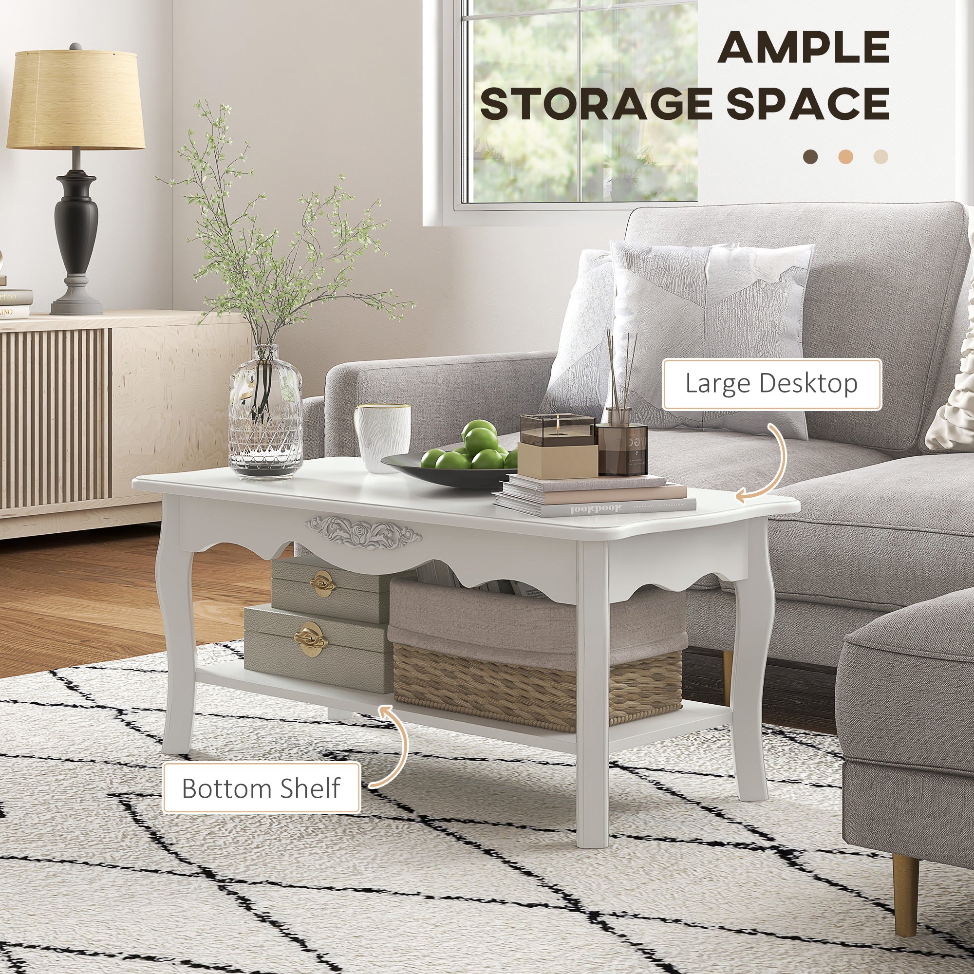 HOMCOM White Coffee Table Wood Cocktail Tea Centre Table with Storage Shelf for Living Room Reception Room, 94L x 44W x 42H cm - North Peak Garden Furniture