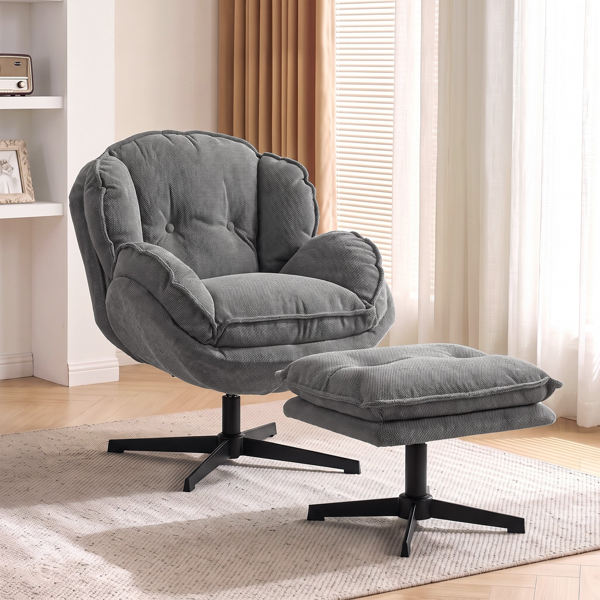 HOMCOM Armchair with Adjustable Footstool, 360-Degree Swivel Chenille Cloud Accent Chair with Thick Cushion, Steel Base, Grey