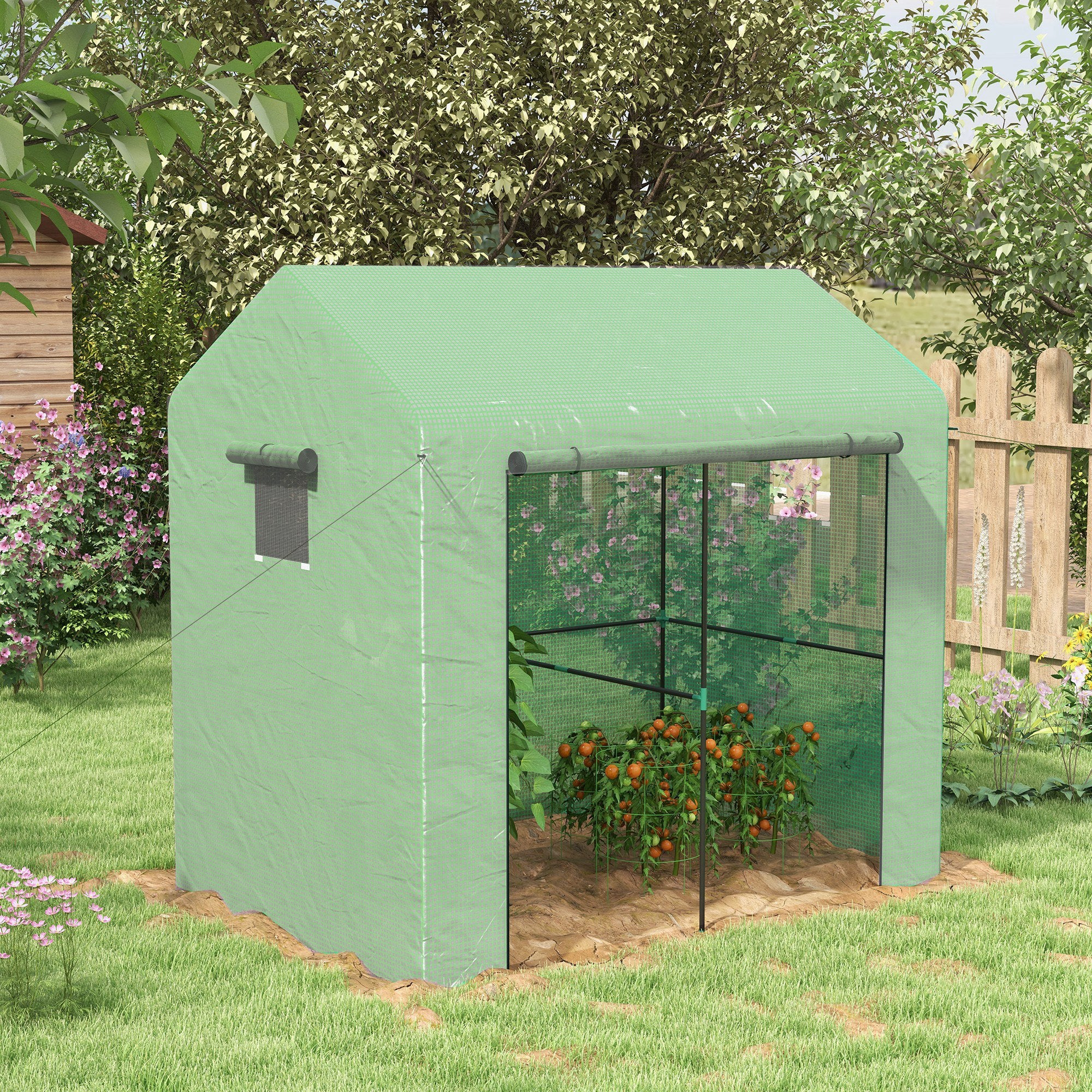 Outsunny Greenhouse, Walk-in Garden Grow House with Roll-up Door and Mesh Windows, 200 x 140 x 200cm, Green - North Peak Garden Furniture