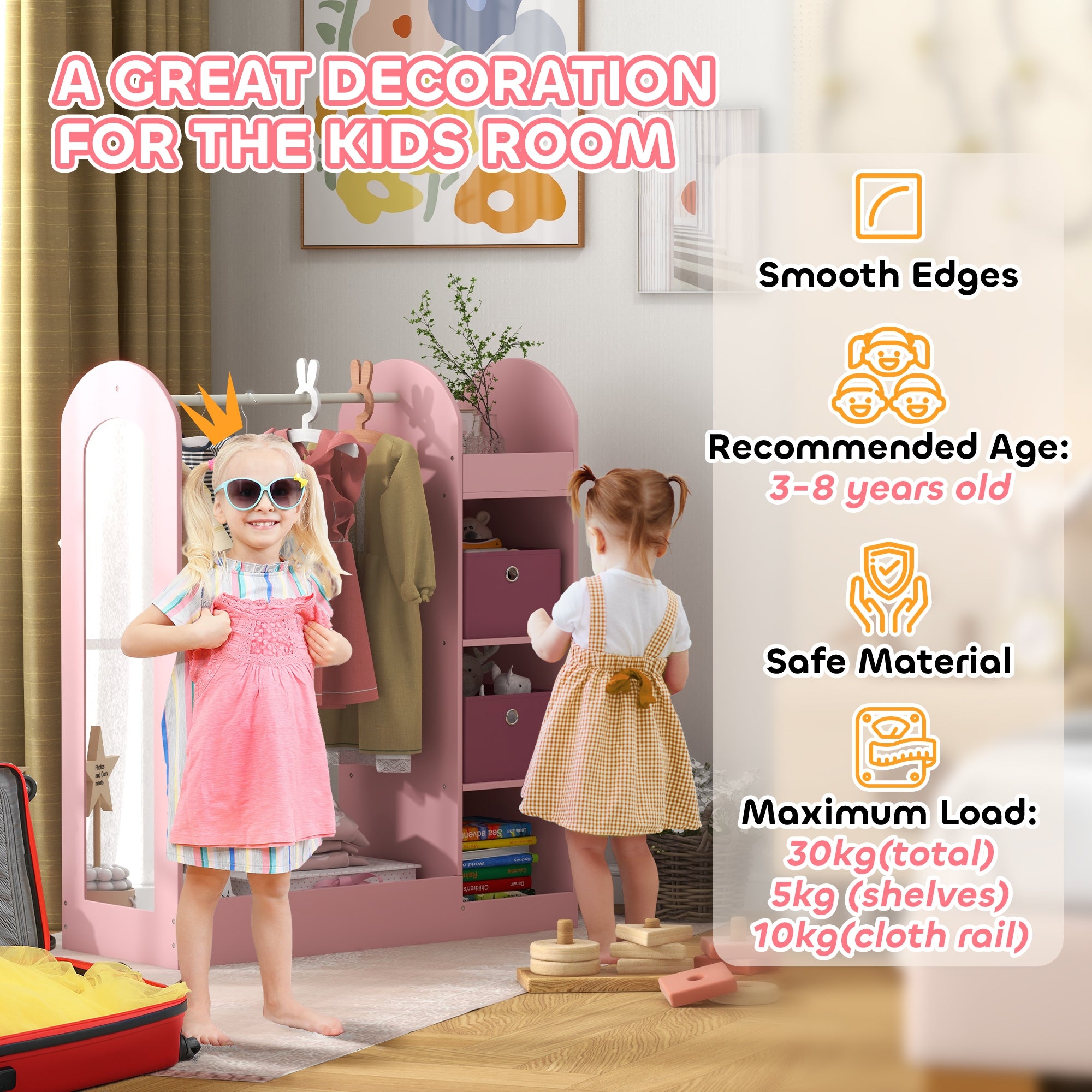 AIYAPLAY Kids Clothes Rail with Storage Shelf, Boxes, Mirror for Bedroom, Nursery, Pink - North Peak Garden Furniture