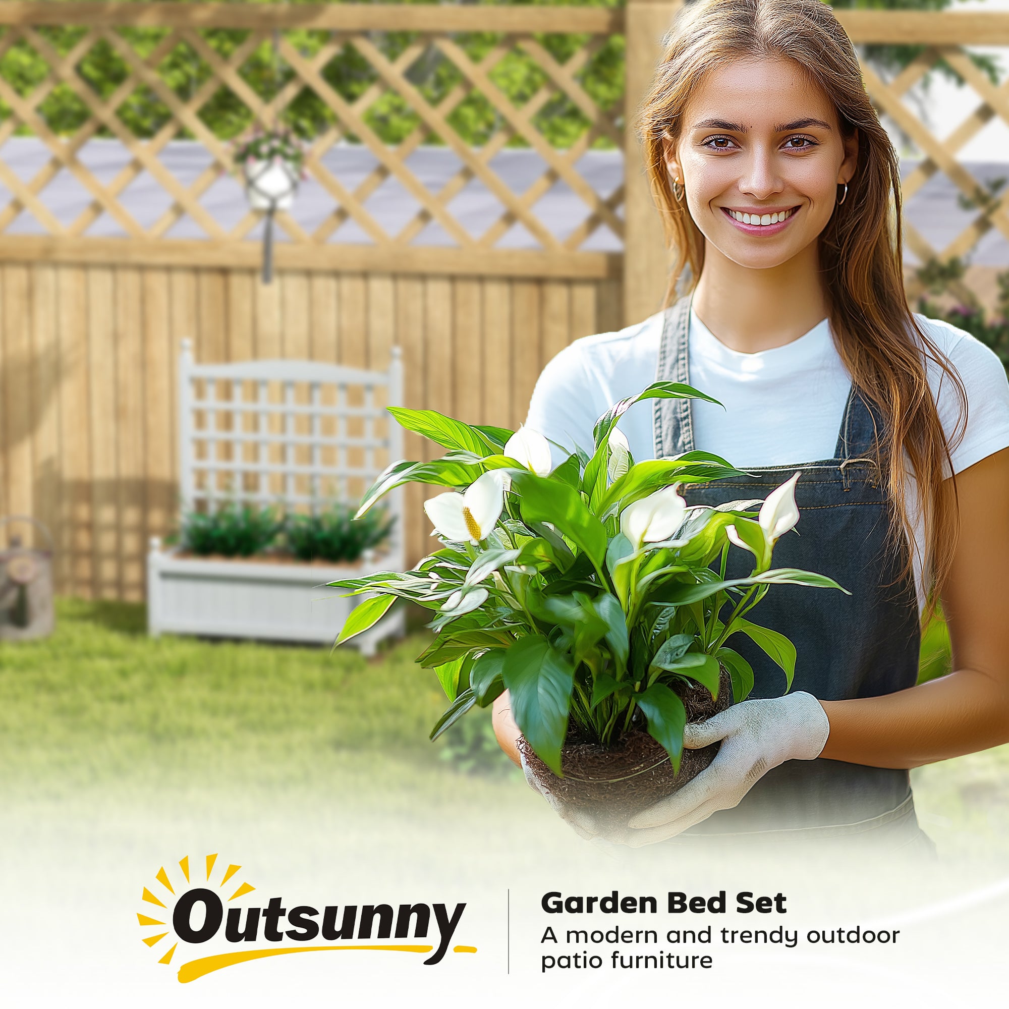 Outsunny Garden Planters with Trellis for Climbing Vines, Wood Raised Beds for Garden, Flower Pot, Indoor Outdoor, Grey