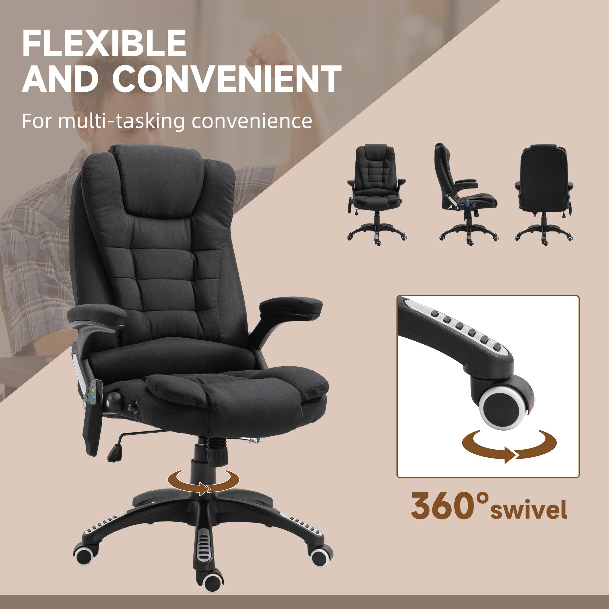Vinsetto Massage Recliner Chair Heated Office Chair with Six Massage Points Linen-Feel Fabric 360° Swivel Wheels Black - North Peak Garden Furniture