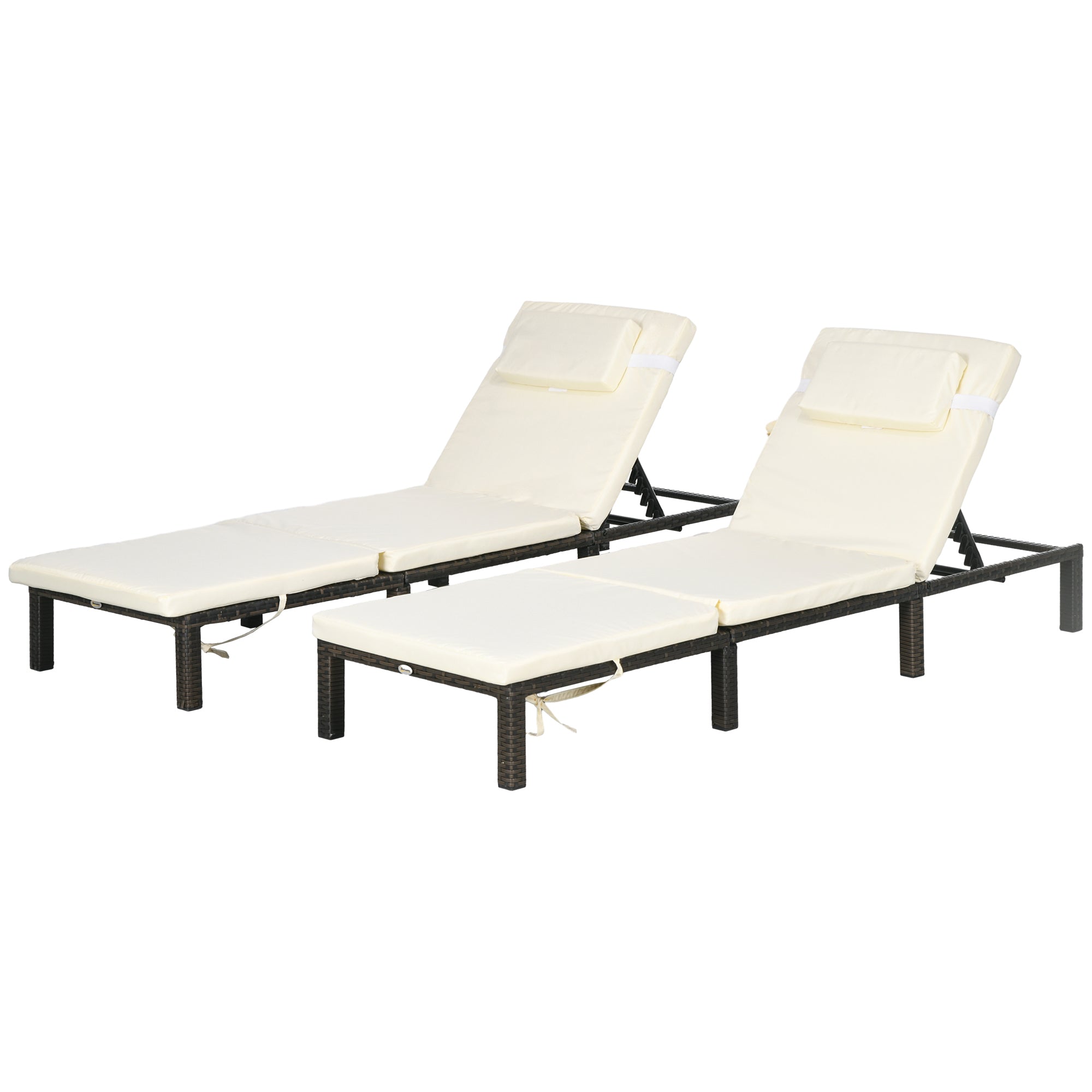 Outsunny Set of Two Reclining Rattan Sun Loungers, with Cushions - Brown/Cream