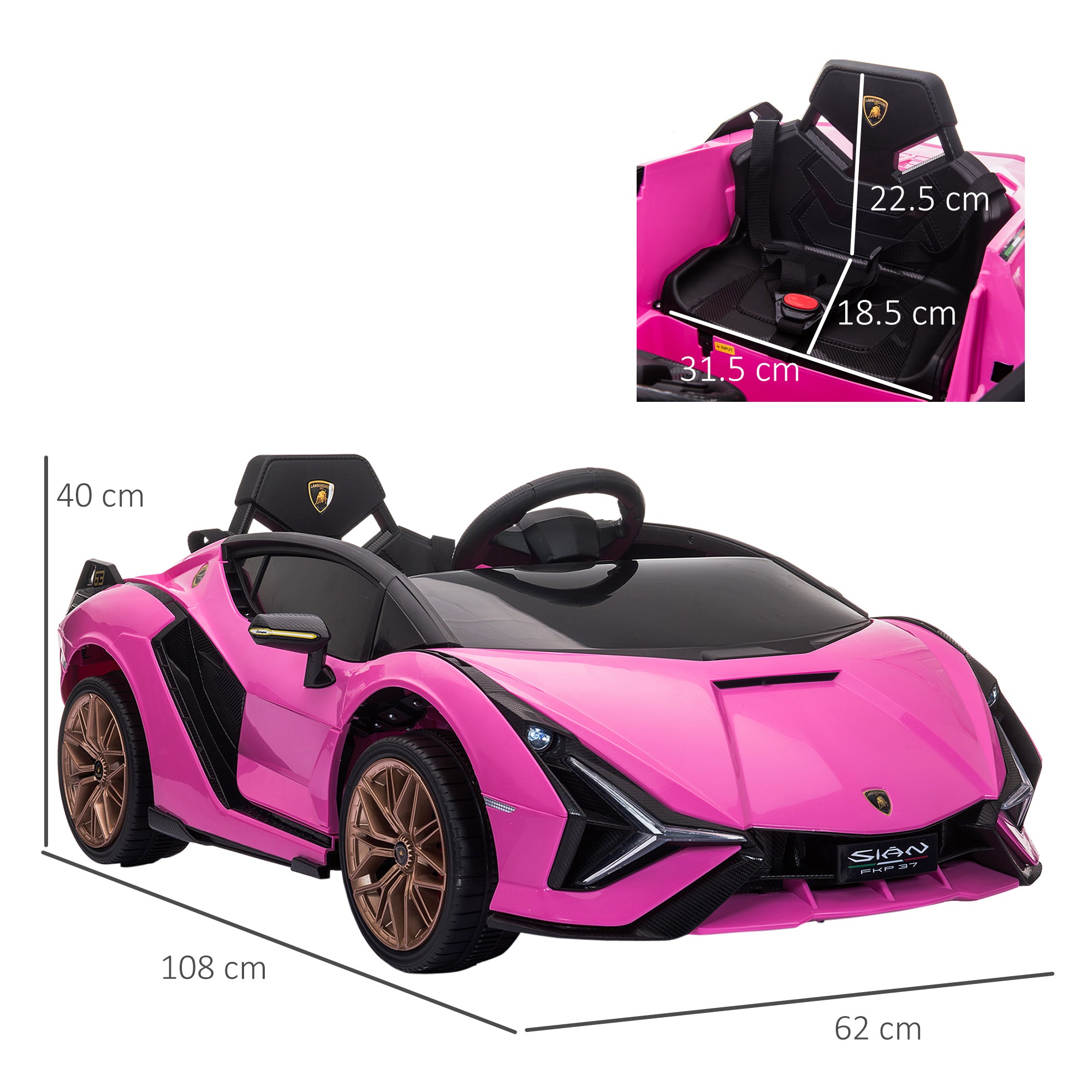 HOMCOM Lamborghini Sian Licensed 12V Kids Electric Ride On Car 2 Motors Toy Car with Remote Control Music Lights MP3 for 3-5 Years Pink - North Peak Garden Furniture
