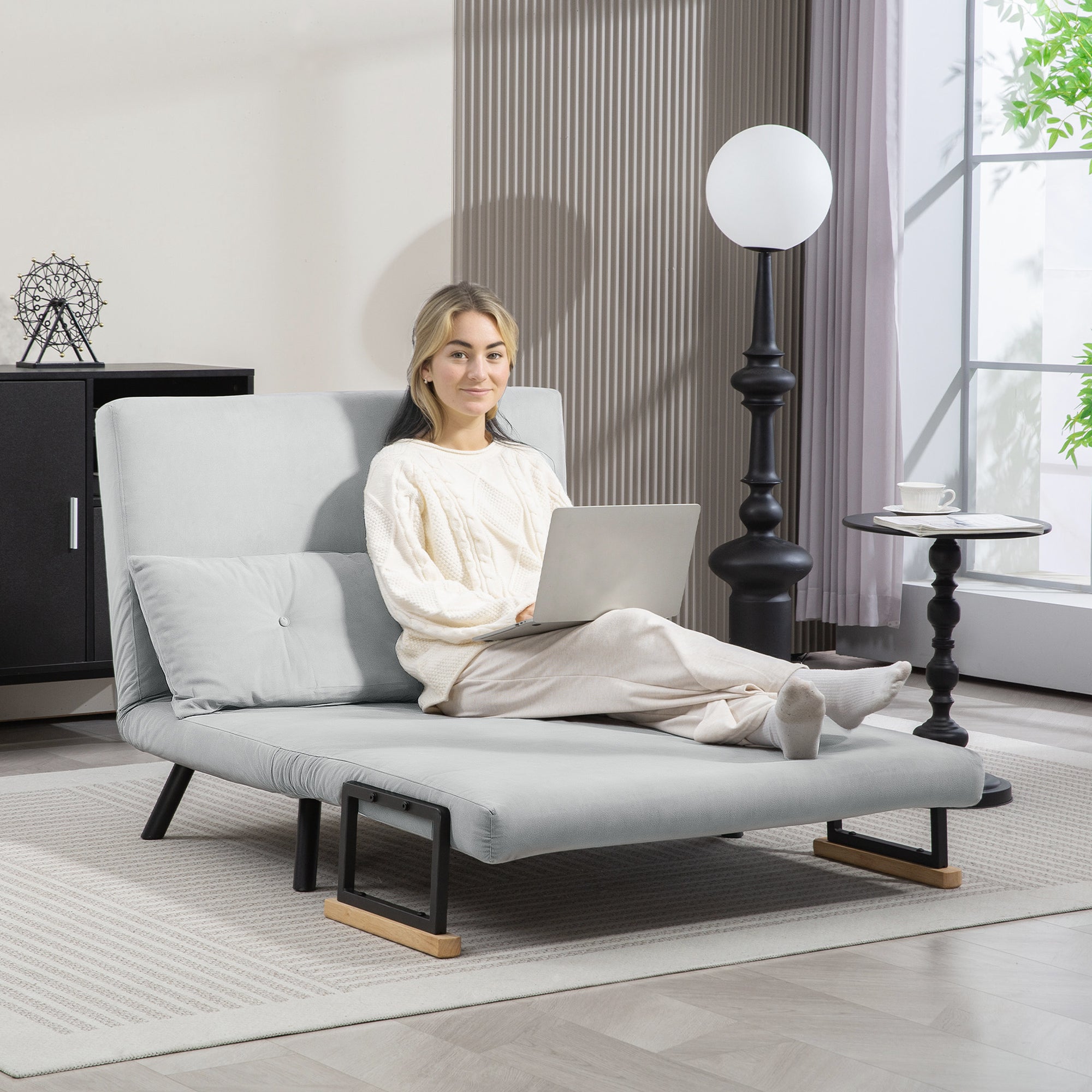HOMCOM 4-in-1 Velvet-Feel Double Sofa Bed, with Pillows - Light Grey - North Peak Garden Furniture