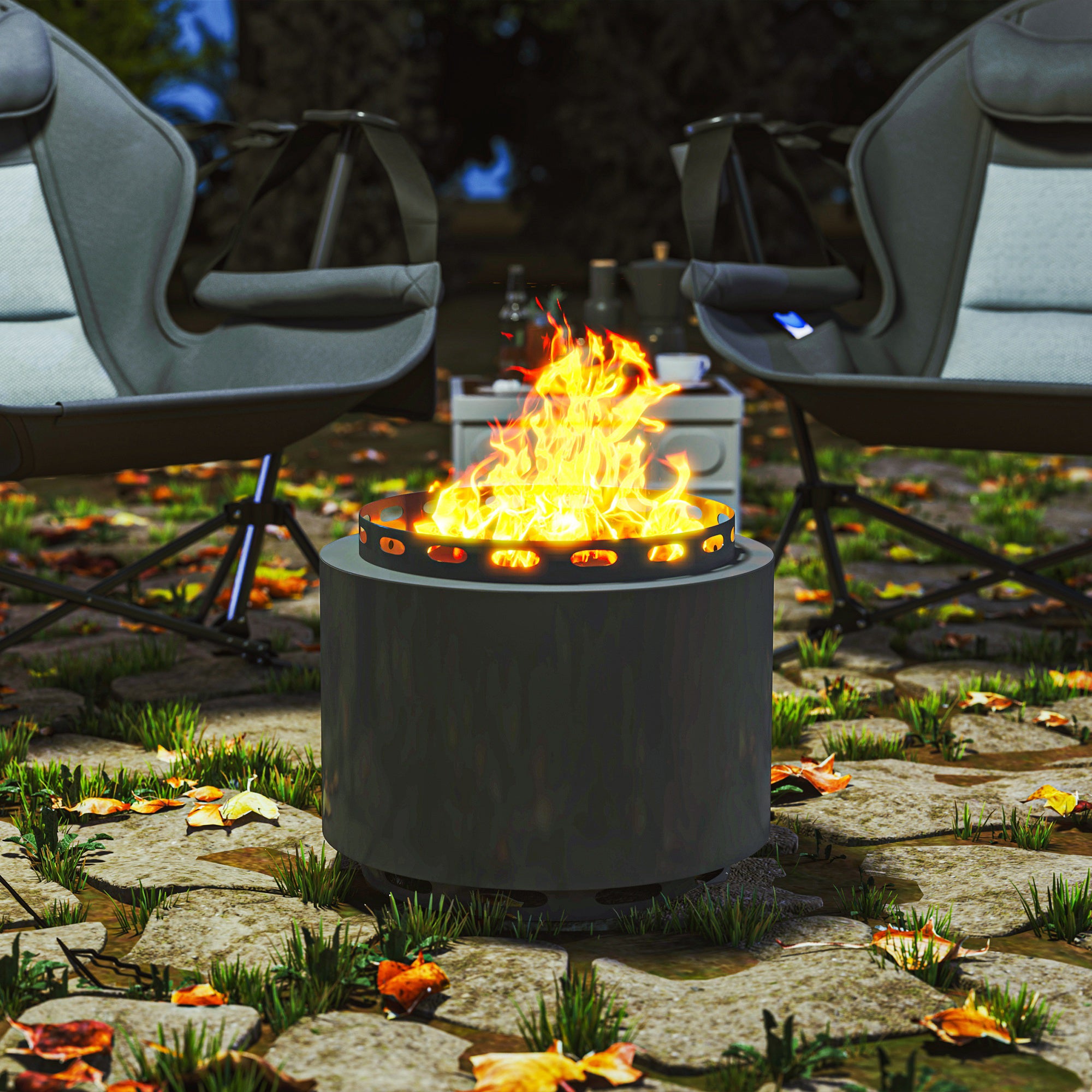 Outsunny Smokeless Fire Pit, 48.5cm Portable Wood Burning Firepit with Poker for Garden Camping Bonfire Party, Metal, Dark Grey - North Peak Garden Furniture