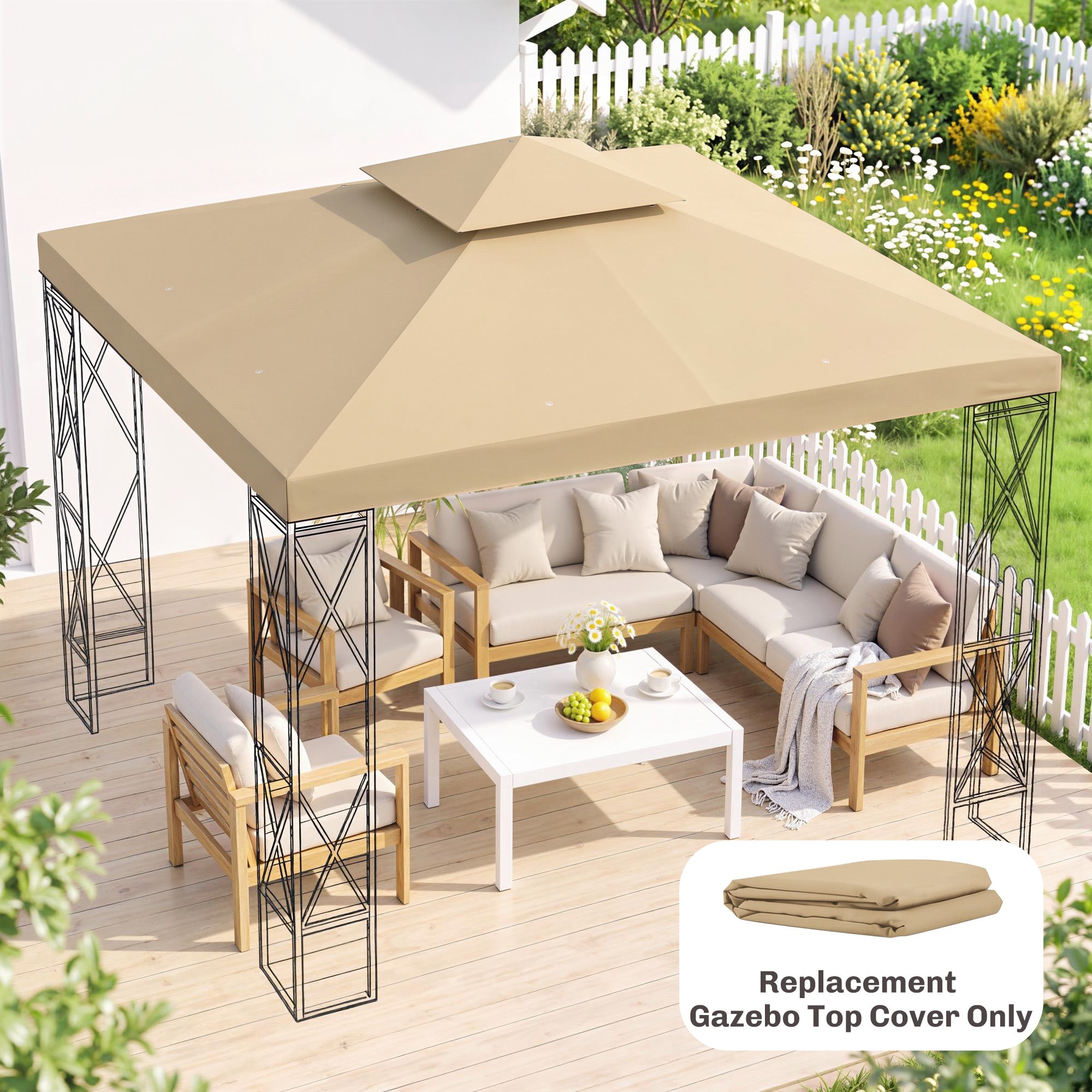 Outsunny 3(m) Gazebo Top Cover Double Tier Canopy Replacement Pavilion Roof Deep Beige