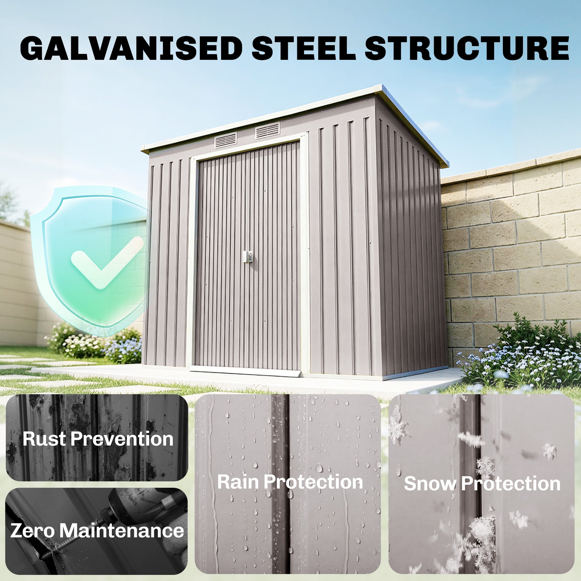 Outsunny Outdoor Lean to Garden Metal Equipment Tool Storage Shed w/ Foundation Kit, Double Door, Vents and Sloped Roof, Grey
