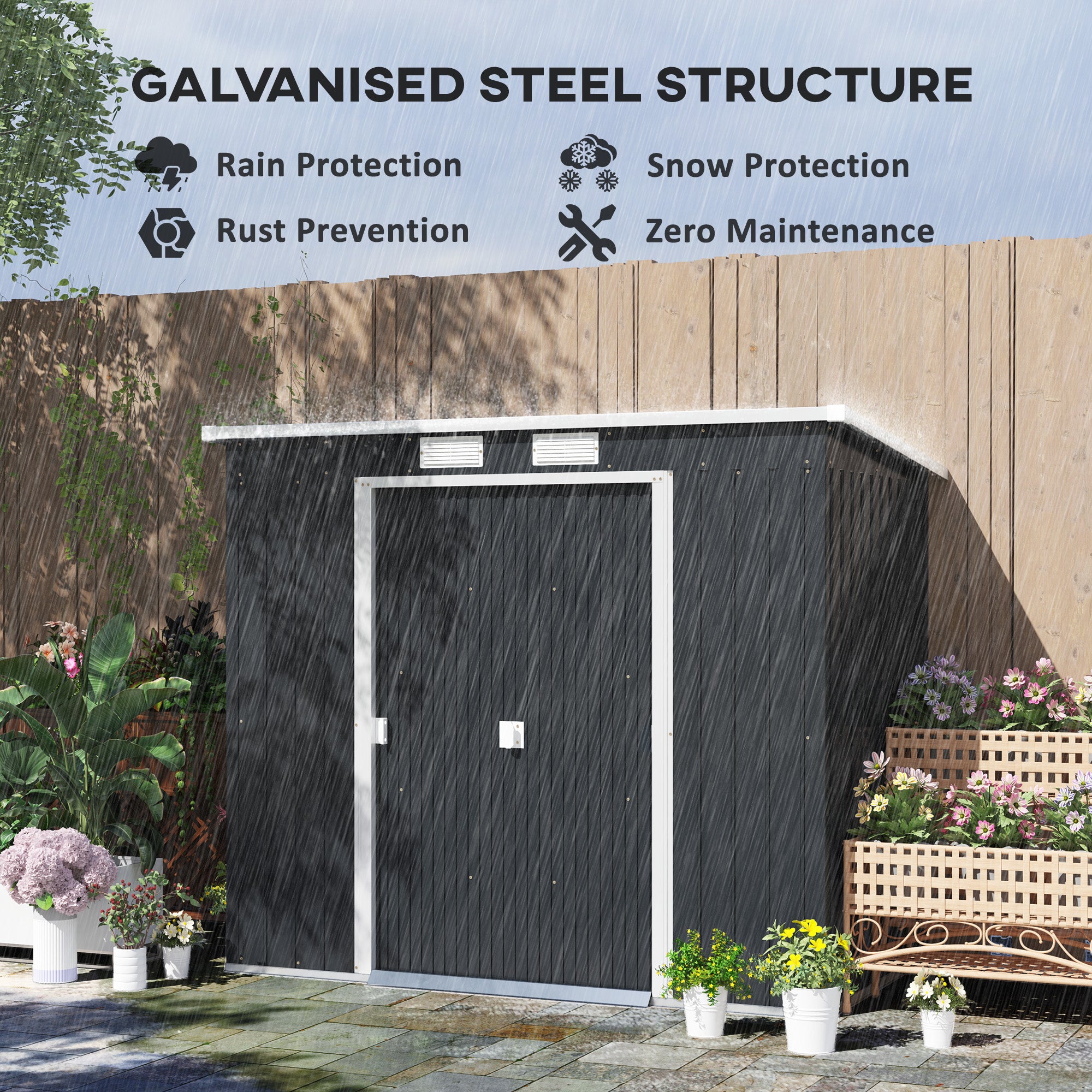 Outsunny Outdoor Lean to Garden Metal Equipment Tool Storage Shed w/ Foundation Kit, Double Door, Vents and Sloped Roof, Dark Grey