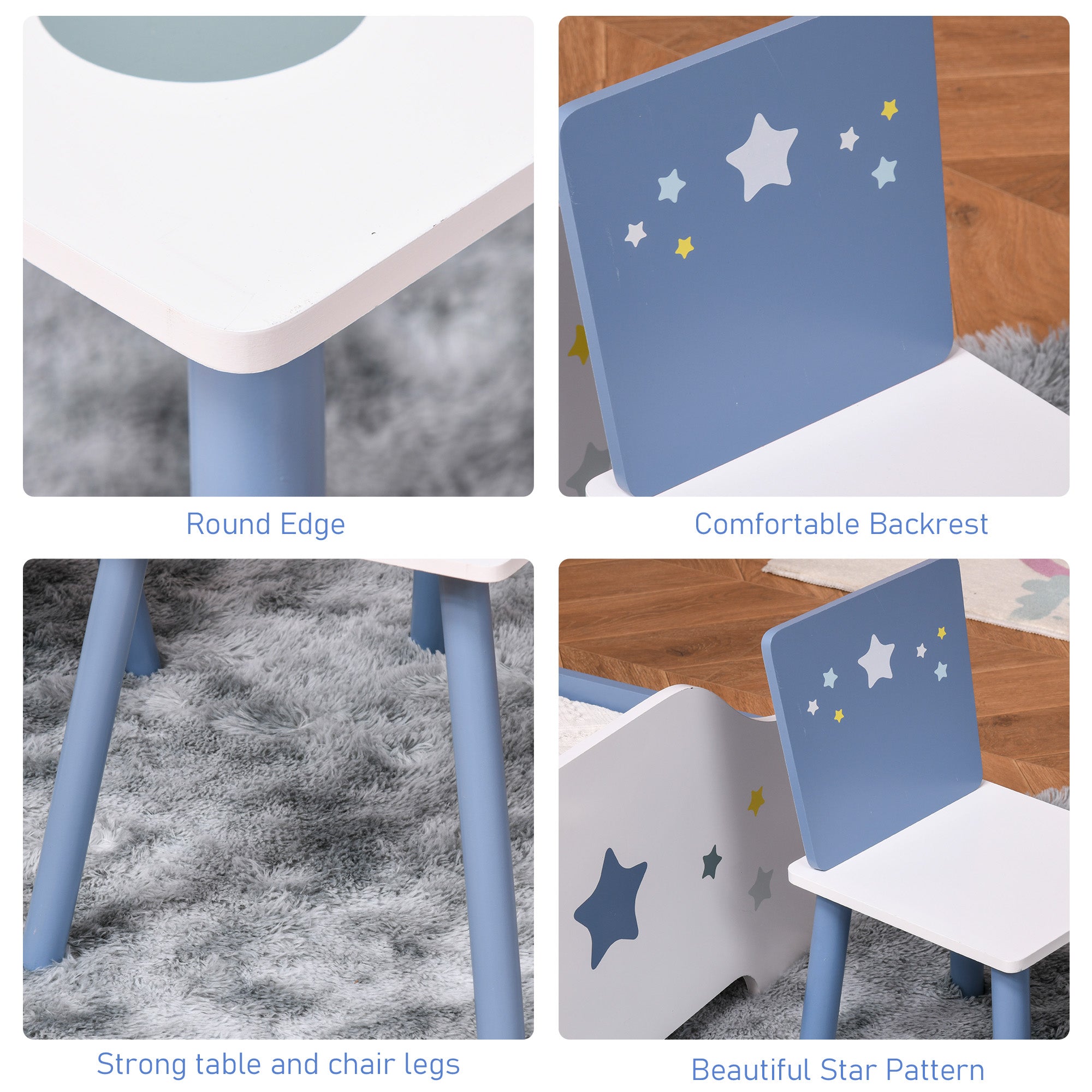 HOMCOM 3 Pcs Kids Table & Chairs Set w/ Wood Legs Safe Corners Cute Stars Seating Mini Furniture Home Playroom Bedroom Dining Room Blue - North Peak Garden Furniture