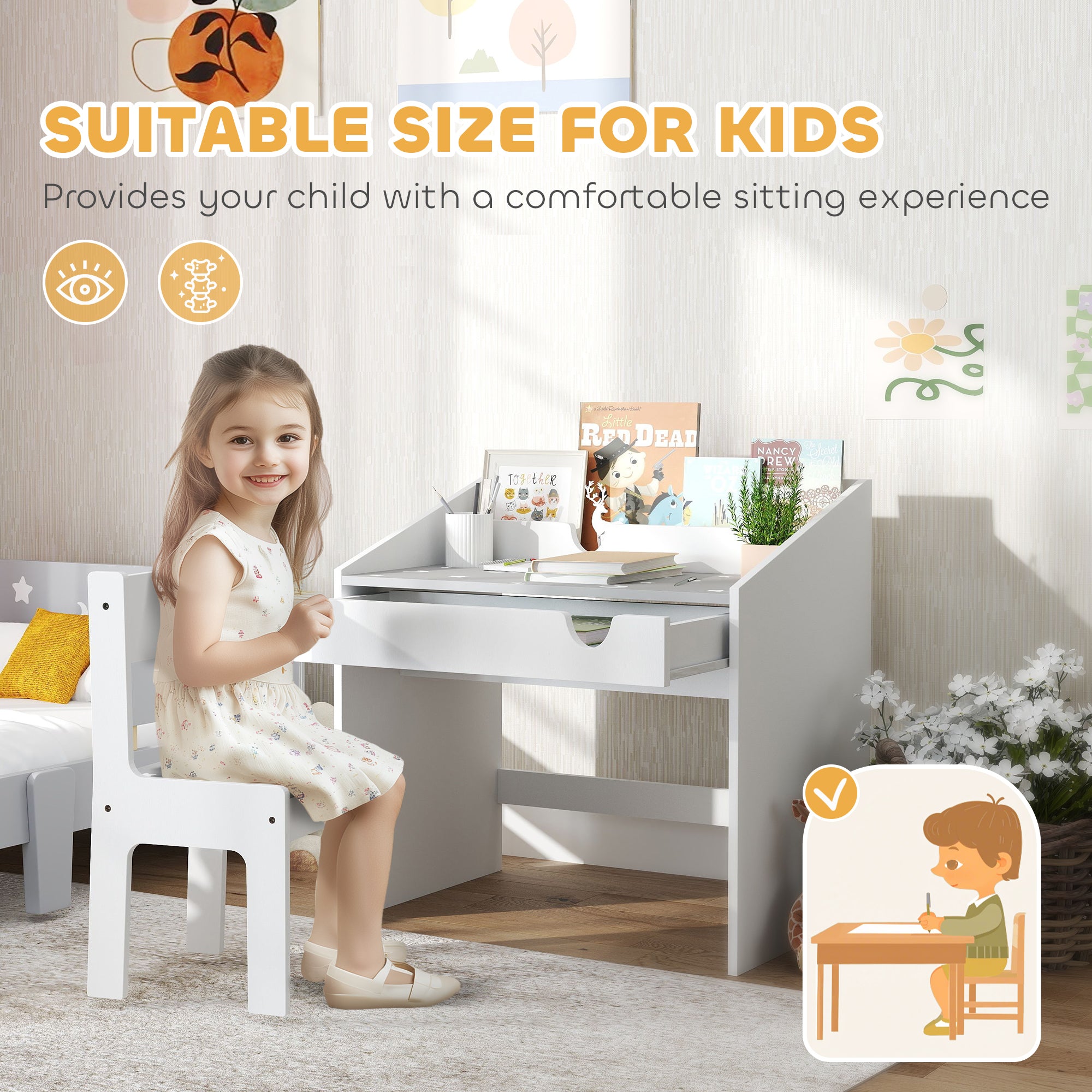 AIYAPLAY Children Study Table and Chair, Kids Desk and Chair Set with Storage, Pull-out Drawer, Gift for 3-6 Years Old - Grey - North Peak Garden Furniture