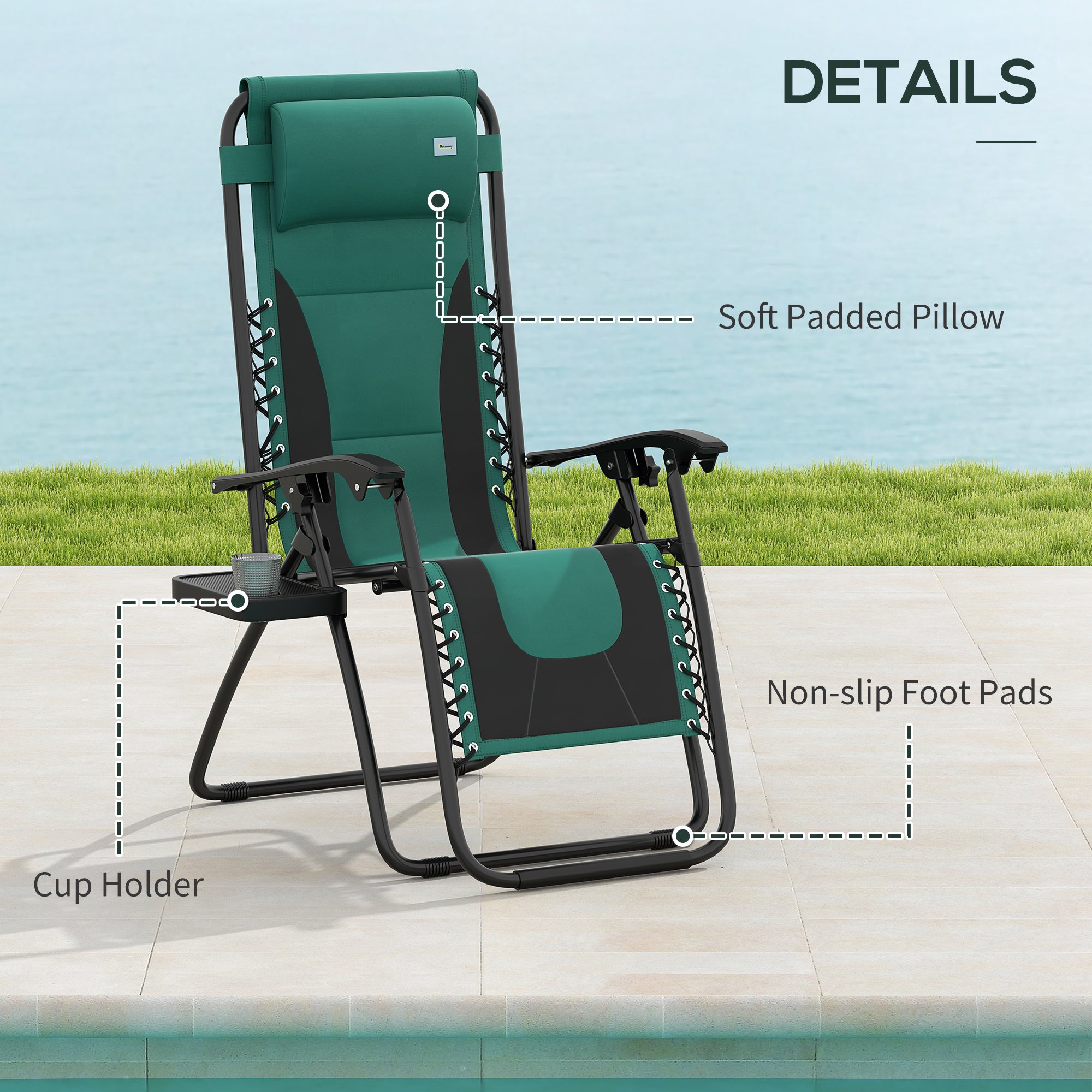 Outsunny Zero Gravity Lounger Chair, Folding Reclining Patio Chair with Padded Seat, Cup Holder, Soft Cushion and Headrest for Poolside, Camping, Green - North Peak Garden Furniture