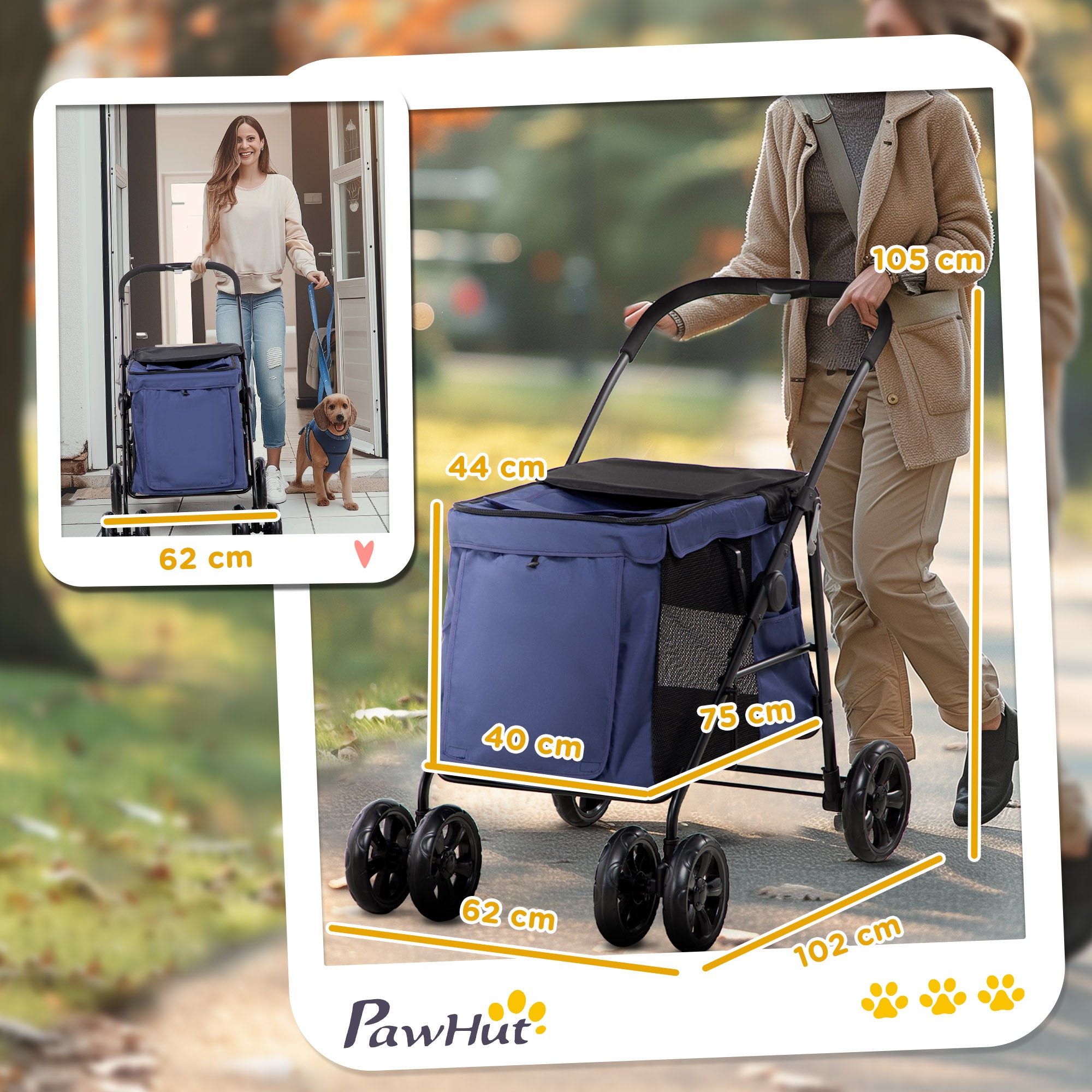 PawHut One-Click Foldable Dog Pushchair w/ EVA Wheels, Storage Bags, Mesh Windows, Doors, Safety Leash, Cushion, for Small Pets - Dark Blue