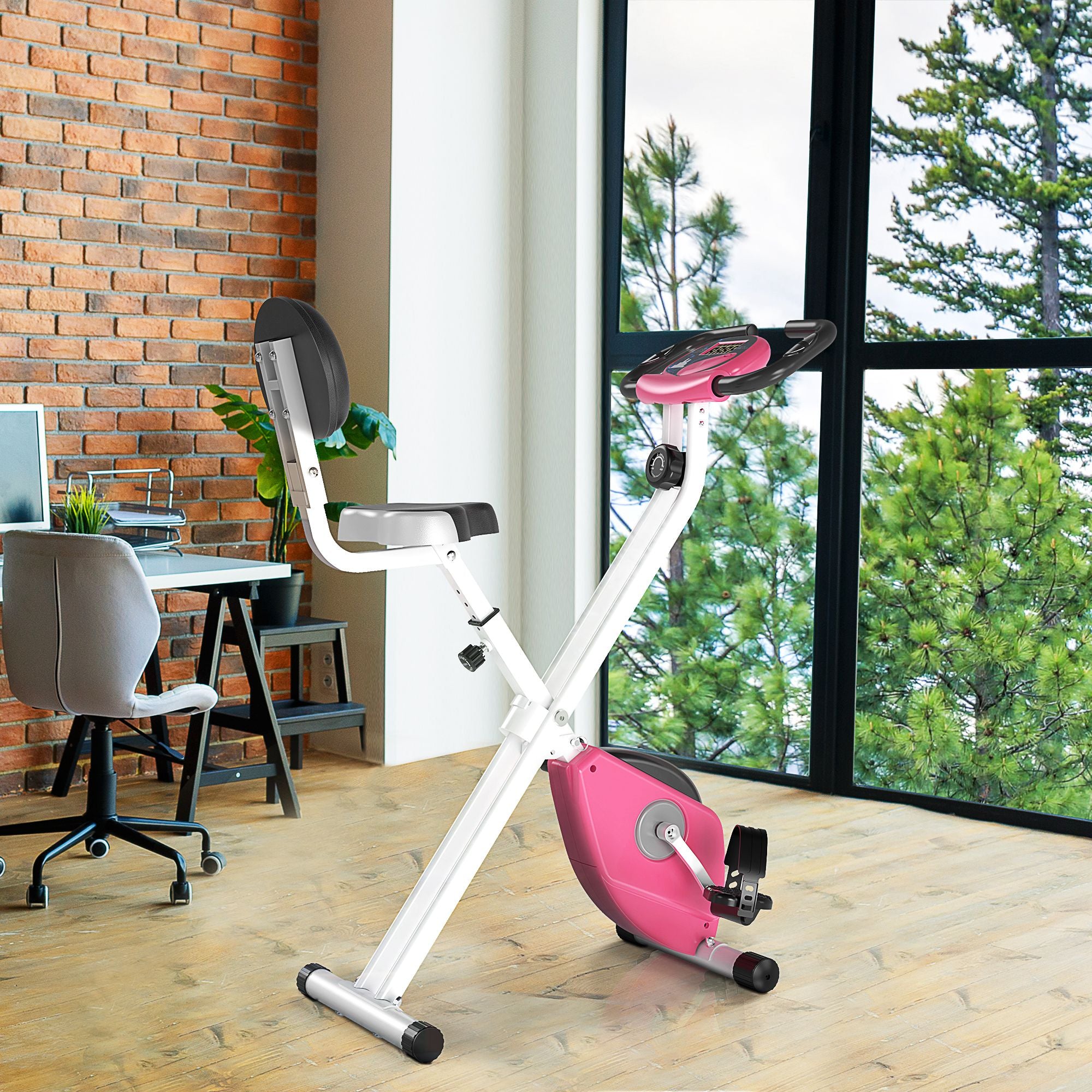 HOMCOM Exercise Bike Fitness Bicycle Indoor trainer Foldable 8-level Magnetic Resistance Adjustable w/LCD Monitor Pulse Sensor, Pink - North Peak Garden Furniture