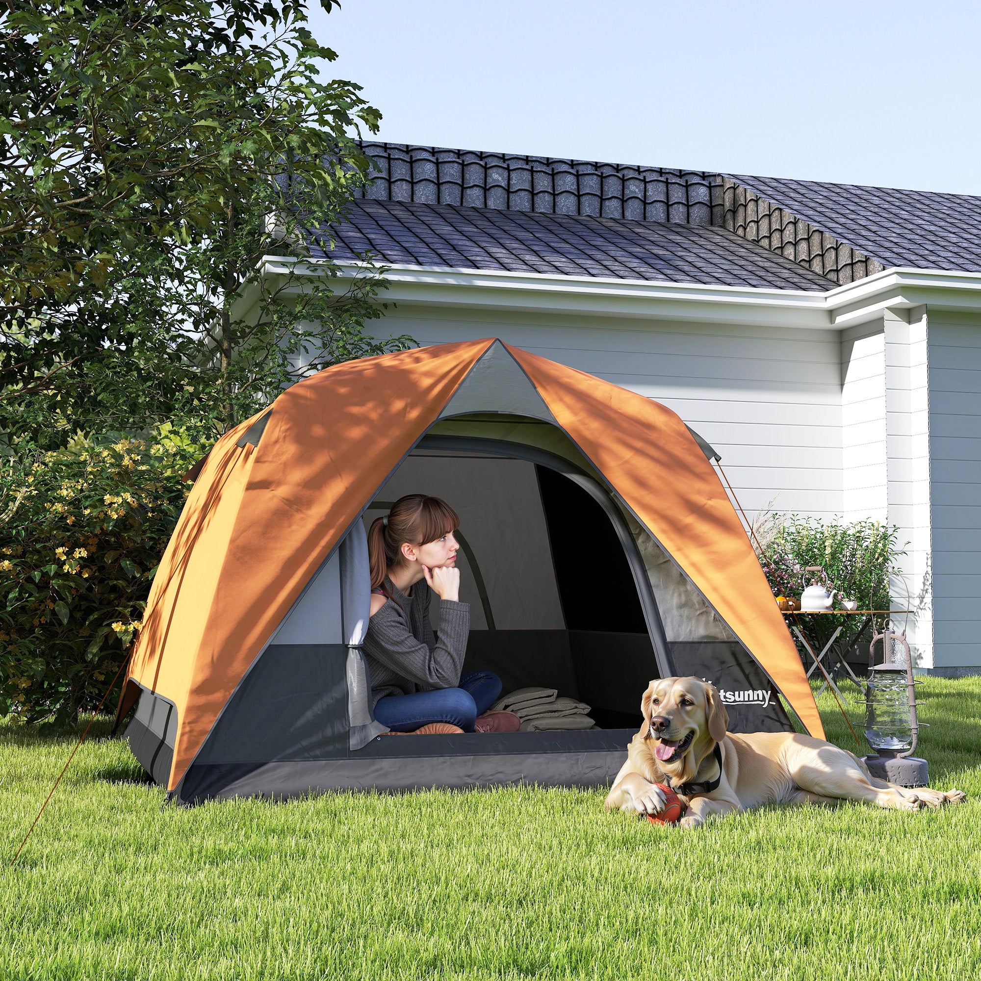 Outsunny 3-4 Person Camping Tent, Easy Set Up Waterproof Dome Tent with Sewn-in Groundsheet, Mesh Windows, Pocket and Hook for Camping, Hiking, Backpacking, Orange and Grey - North Peak Garden Furniture