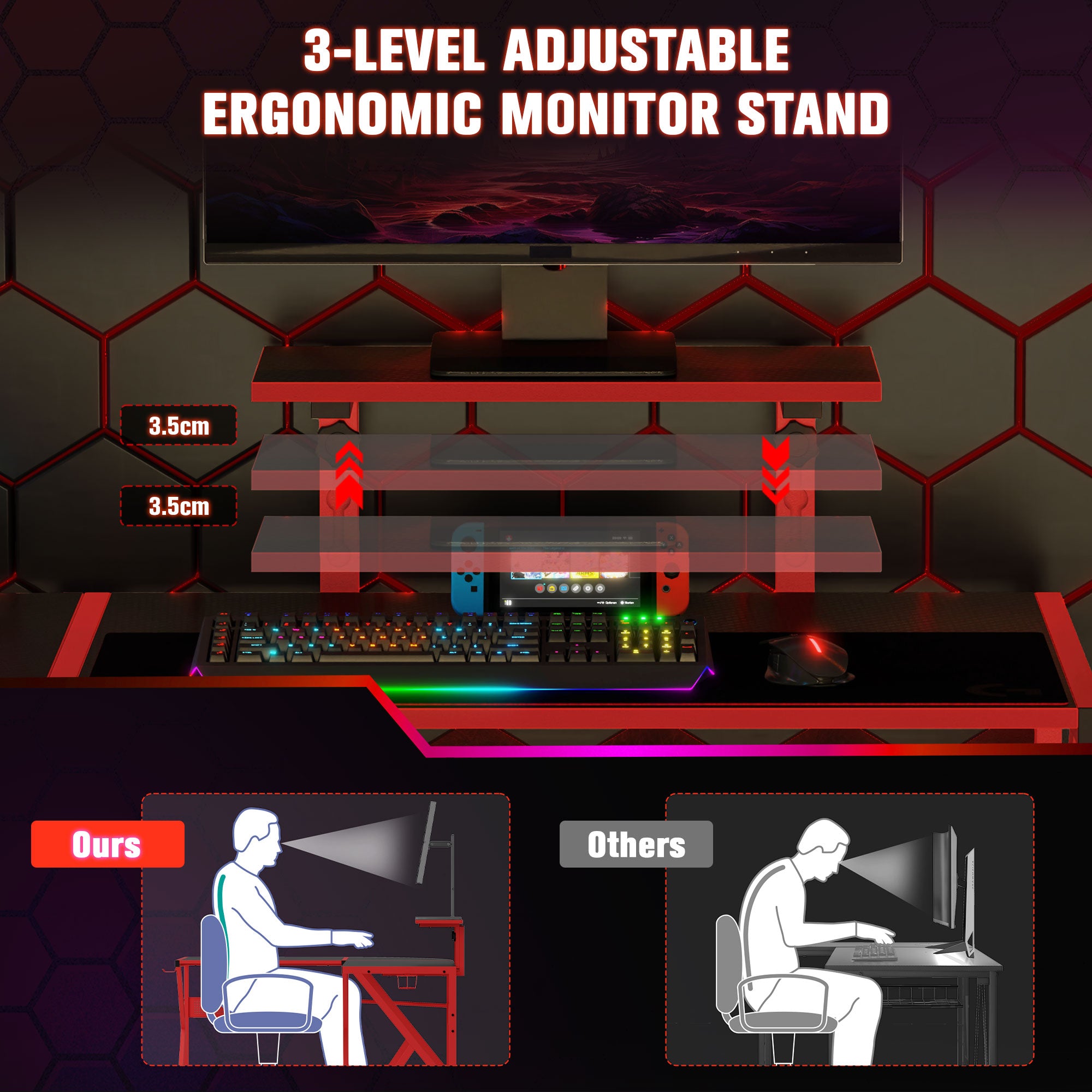 HOMCOM Gaming Desk L-Shaped Corner Computer Table for Home Office PC Workstations with Adjustable Monitor Stand Cup Holder Headphone Hook 125x125x75cm, Red - North Peak Garden Furniture