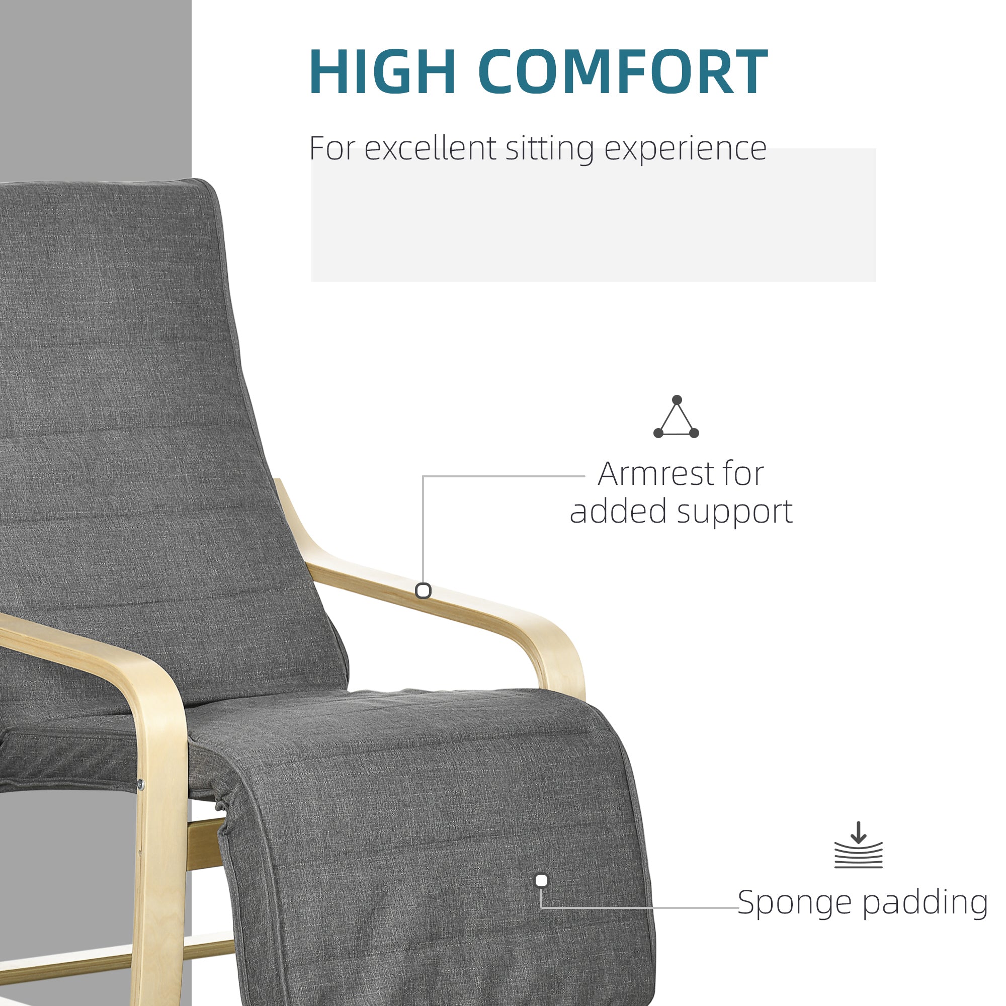 HOMCOM Wooden Lounging Chair Deck Relaxing Recliner Lounge Seat with Adjustable Footrest & Removable Cushion, Dark Grey - North Peak Garden Furniture