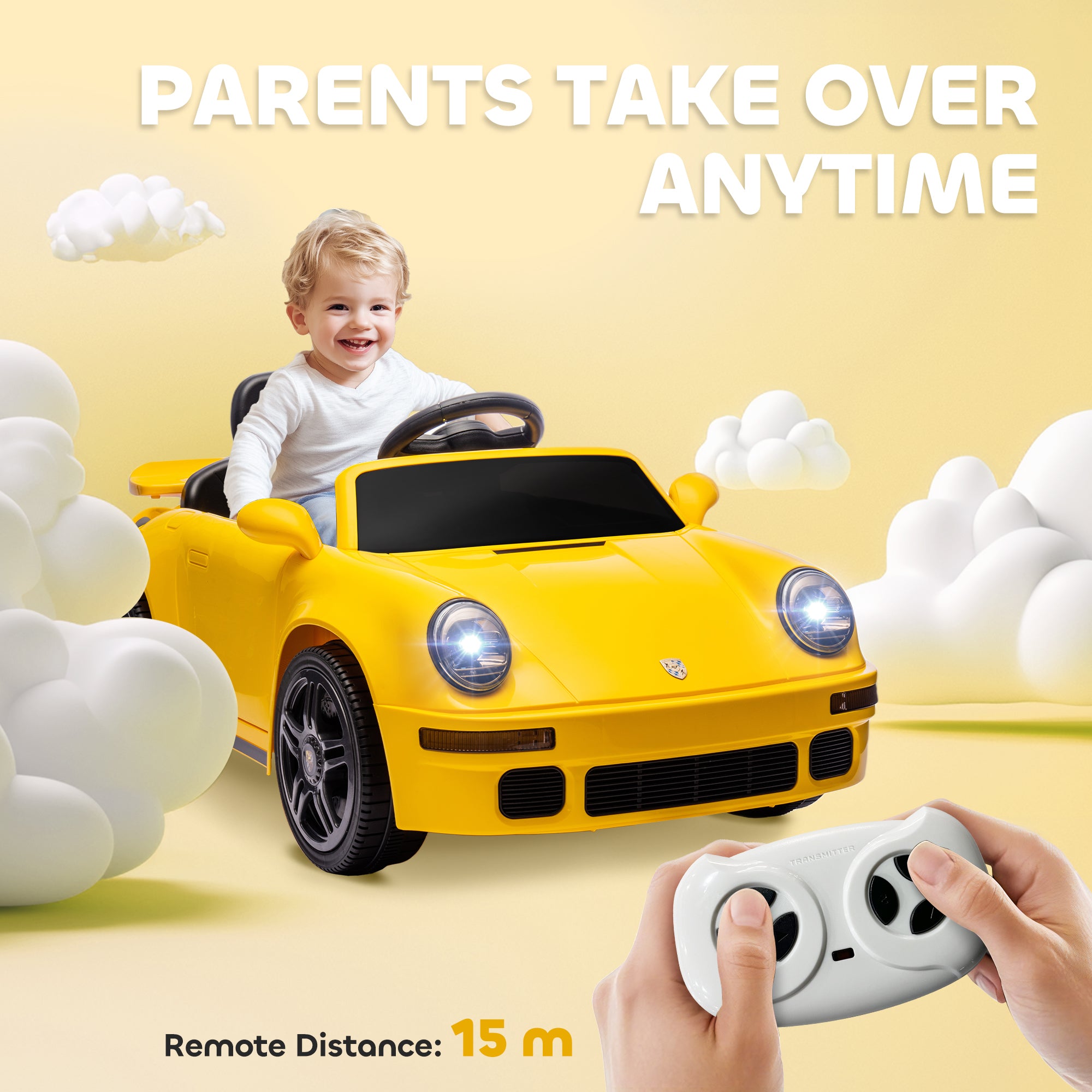 AIYAPLAY Licensed RUF CTR 2017 Electric Car for Kids, with Remote Control, Soft Start, MP3 Player, LED Lights, Yellow