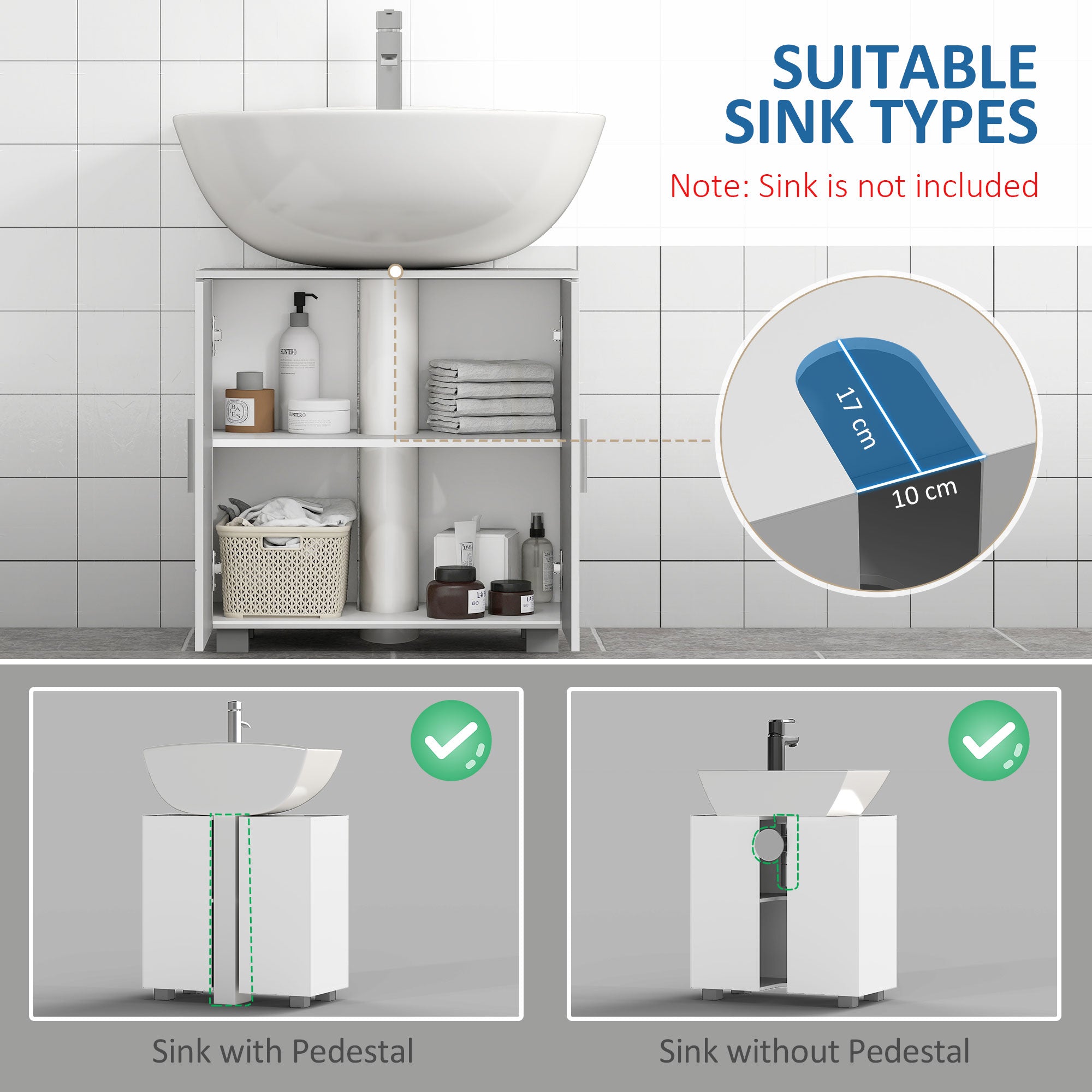 kleankin Pedestal Under Sink Cabinet, Modern Bathroom Vanity Unit, Storage Cupboard with Double Doors, Adjustable Shelf, White - North Peak Garden Furniture