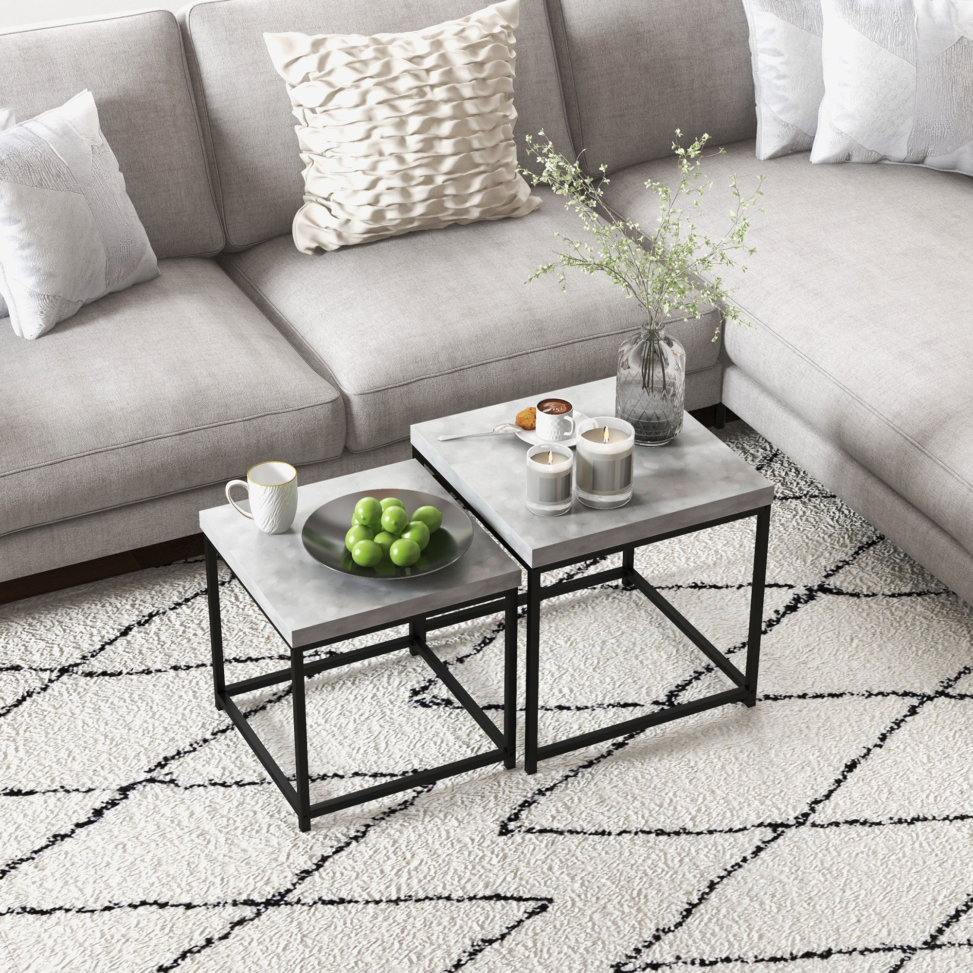 HOMCOM Coffee Table Set of 2, Nest of Tables with 3.5cm Thick Tabletop, Grey