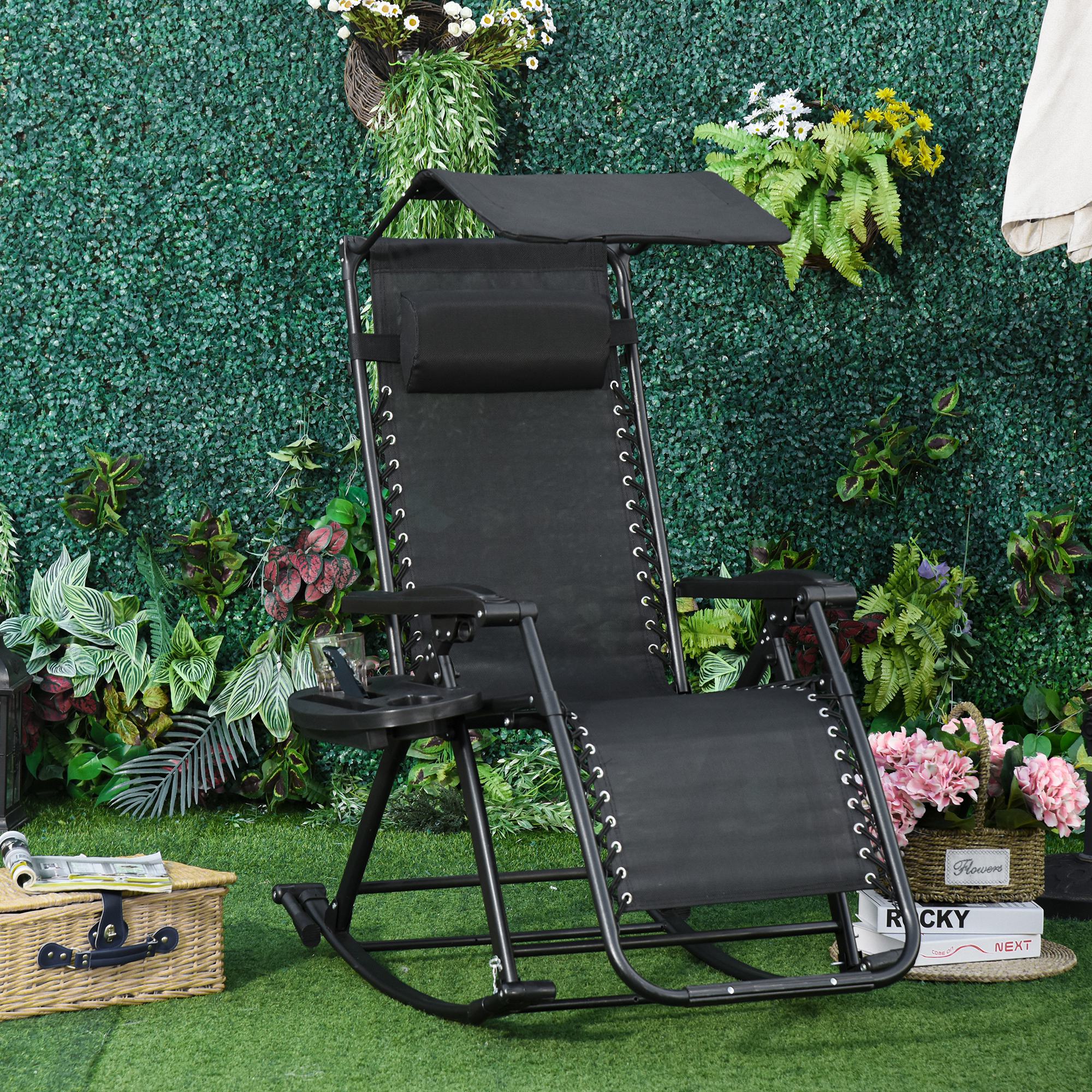 Outsunny Garden Rocking Chair Folding Recliner Outdoor Adjustable Sun Lounger Rocker Zero-Gravity Seat with Headrest Side Holder Patio Deck - Black - North Peak Garden Furniture