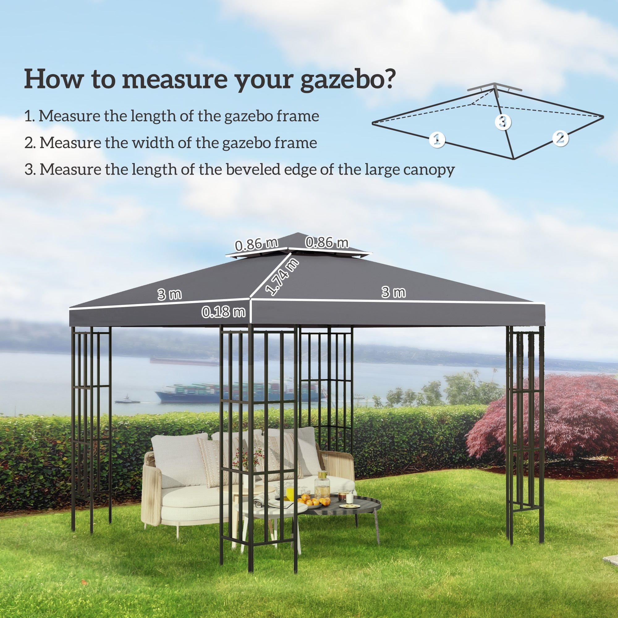 Outsunny 3(m) Gazebo Top Cover Double Tier Canopy Replacement Pavilion Roof Deep Grey - North Peak Garden Furniture