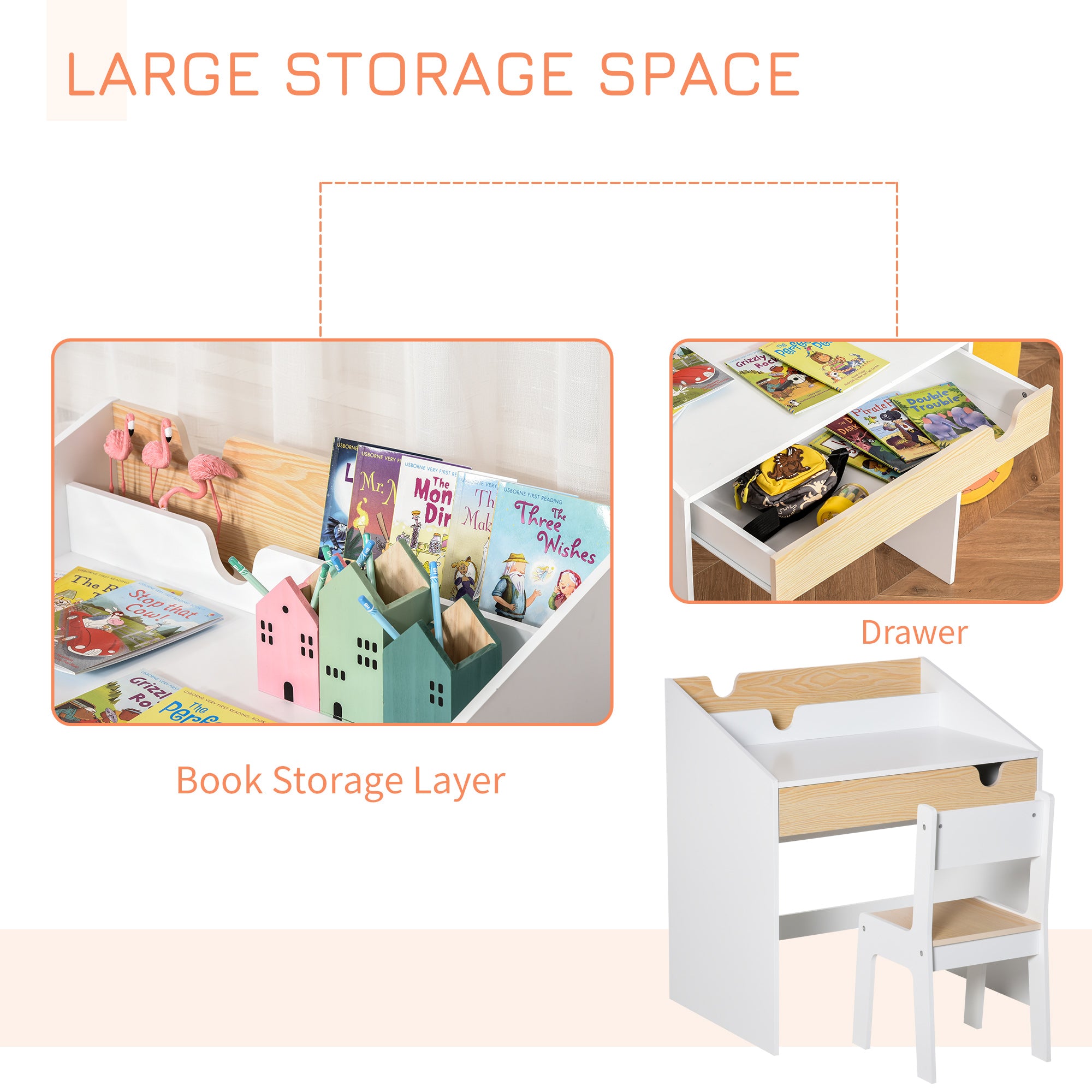 HOMCOM Kids Desk and Chair Set 2 Pieces Children Study Table with Storage Pull-Out Drawer Bookshelf for 3-6 Years Writing, Reading, Drawing - North Peak Garden Furniture