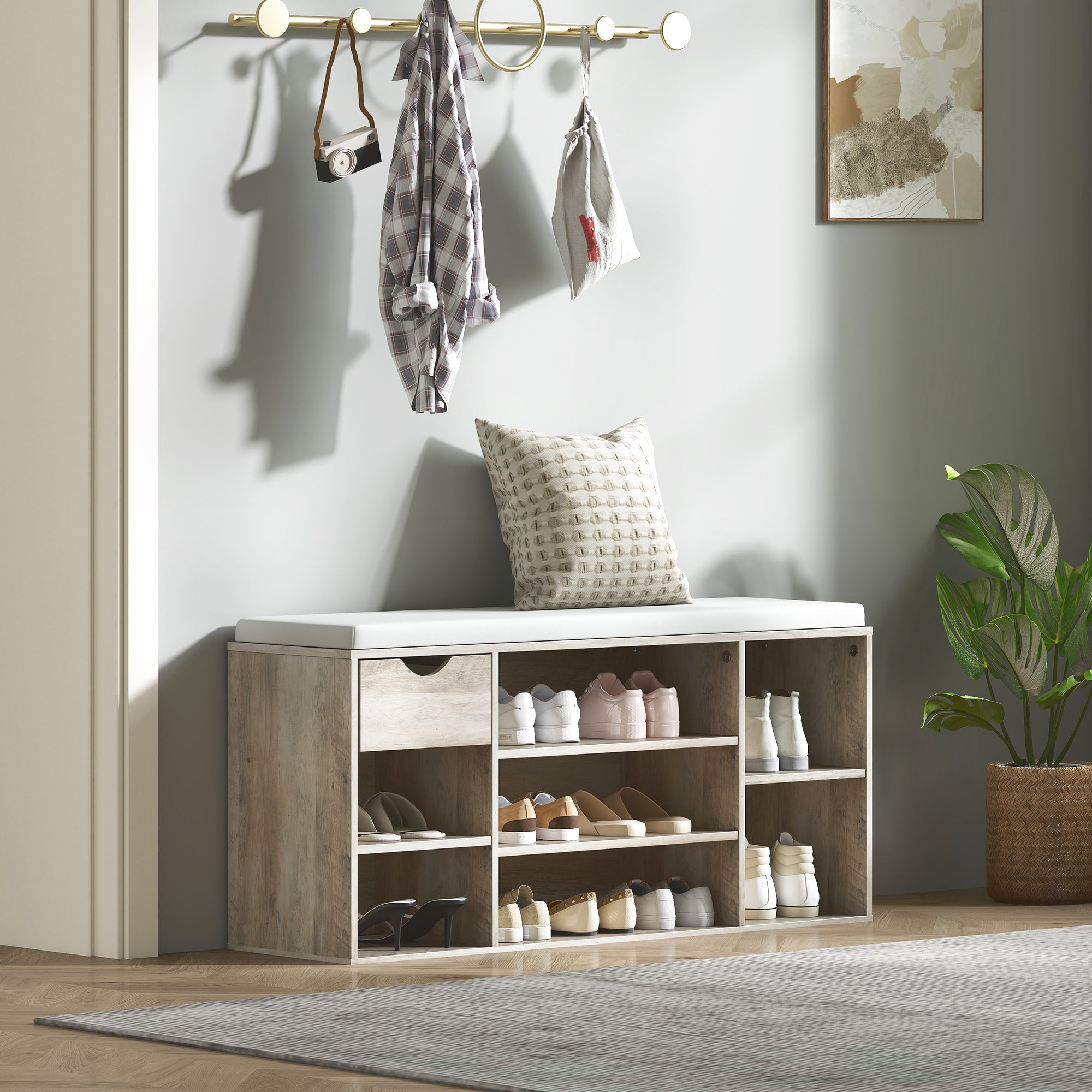 HOMCOM Shoe Storage Bench with Cushion - Grey - North Peak Garden Furniture