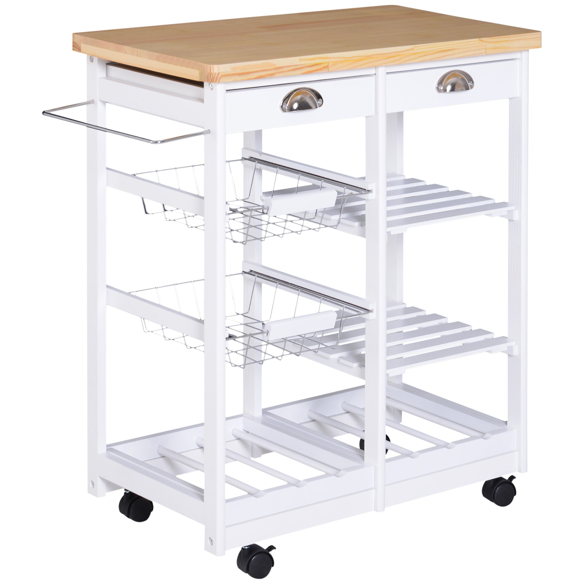 HOMCOM Rolling Kitchen Island Trolley Cart Drawer Shelves Basket Wheels W/ 6 Bottle Wine Rack White - North Peak Garden Furniture