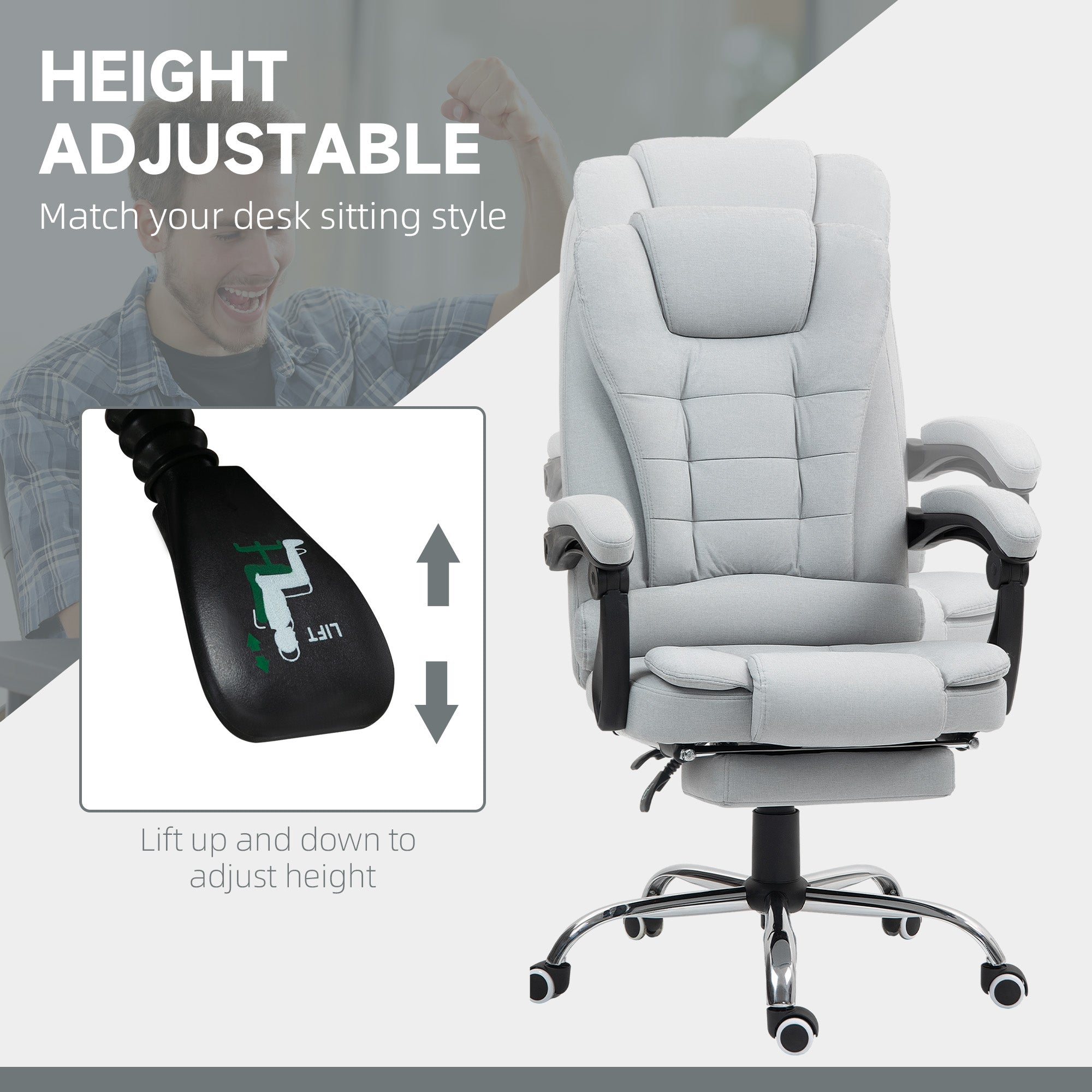 HOMCOM Linen-Look Adjustable Office Chair - Light Grey - North Peak Garden Furniture