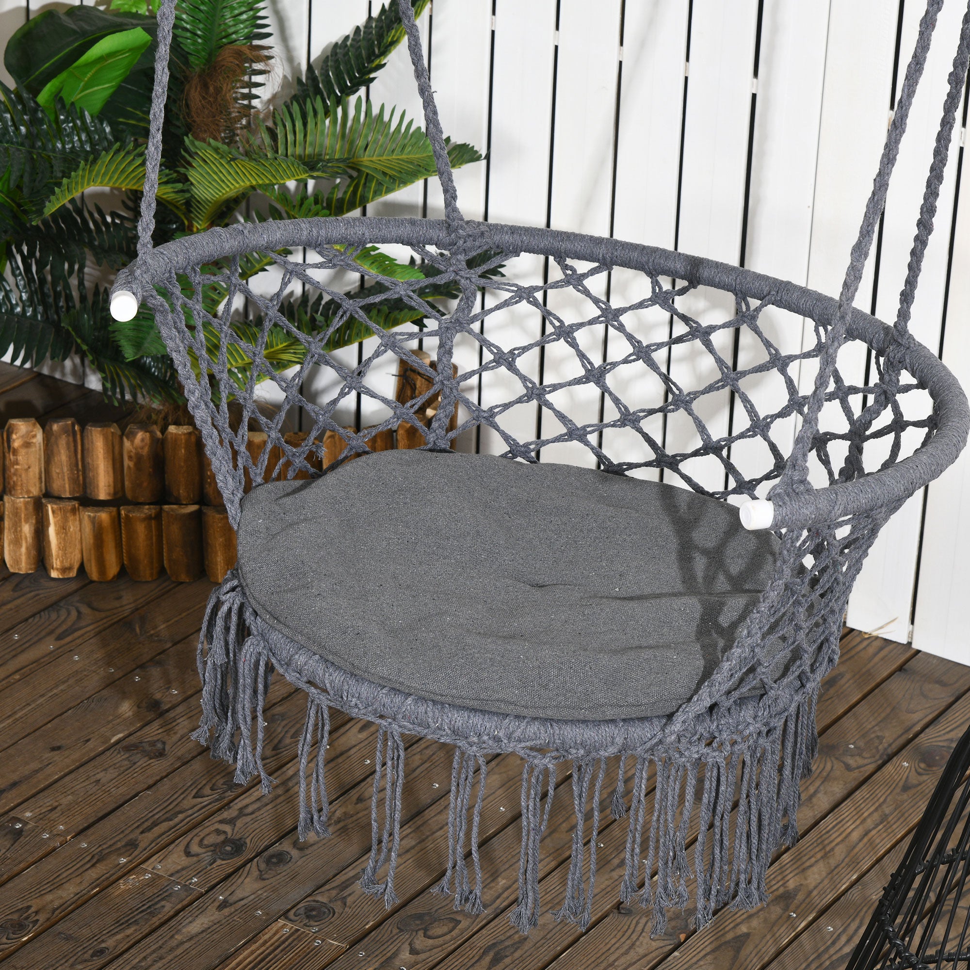 Outsunny Outdoor Hanging Rope Chair with Cotton Rope, Cotton-Polyester Blend Macrame Garden Hammock Chair with Seat Cushion, Support Backrest, for Patio, Garden, Porch, Dark Grey - North Peak Garden Furniture