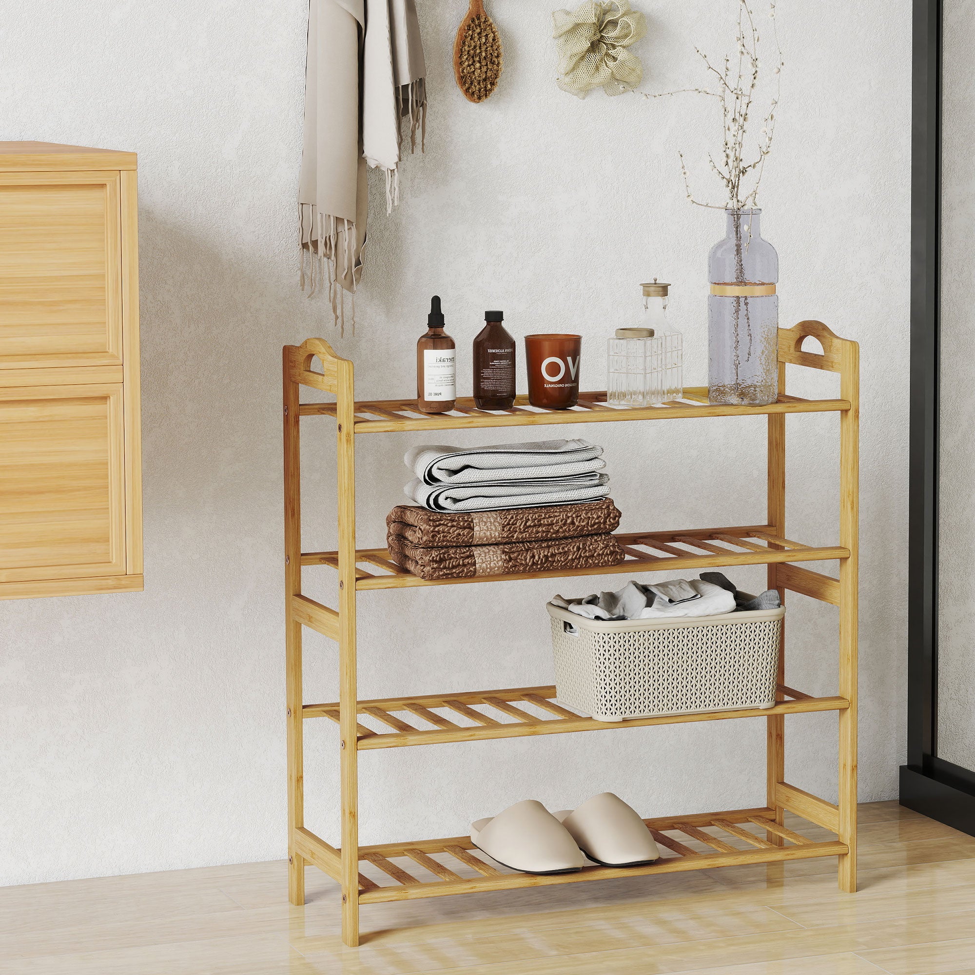 HOMCOM Freestanding Bamboo Shoe Rack, 4-Tier Shoe Shelf Stand for Hallway, Living Room, Bedroom, Natural Wood Finish