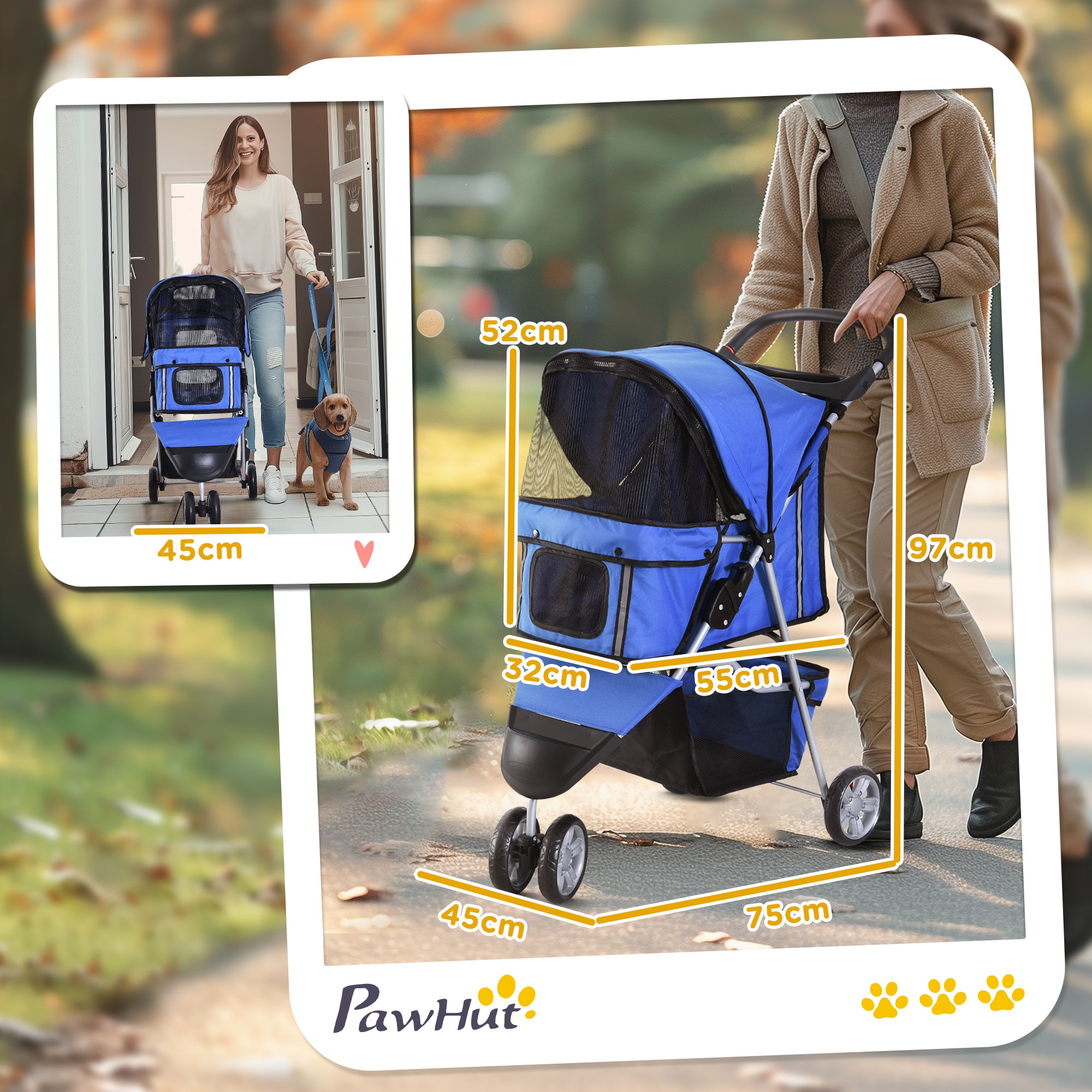 PawHut Pet Stroller for Dogs, Three-Wheel Dog Pushchair, Travel Pram with Storage Basket, Blue