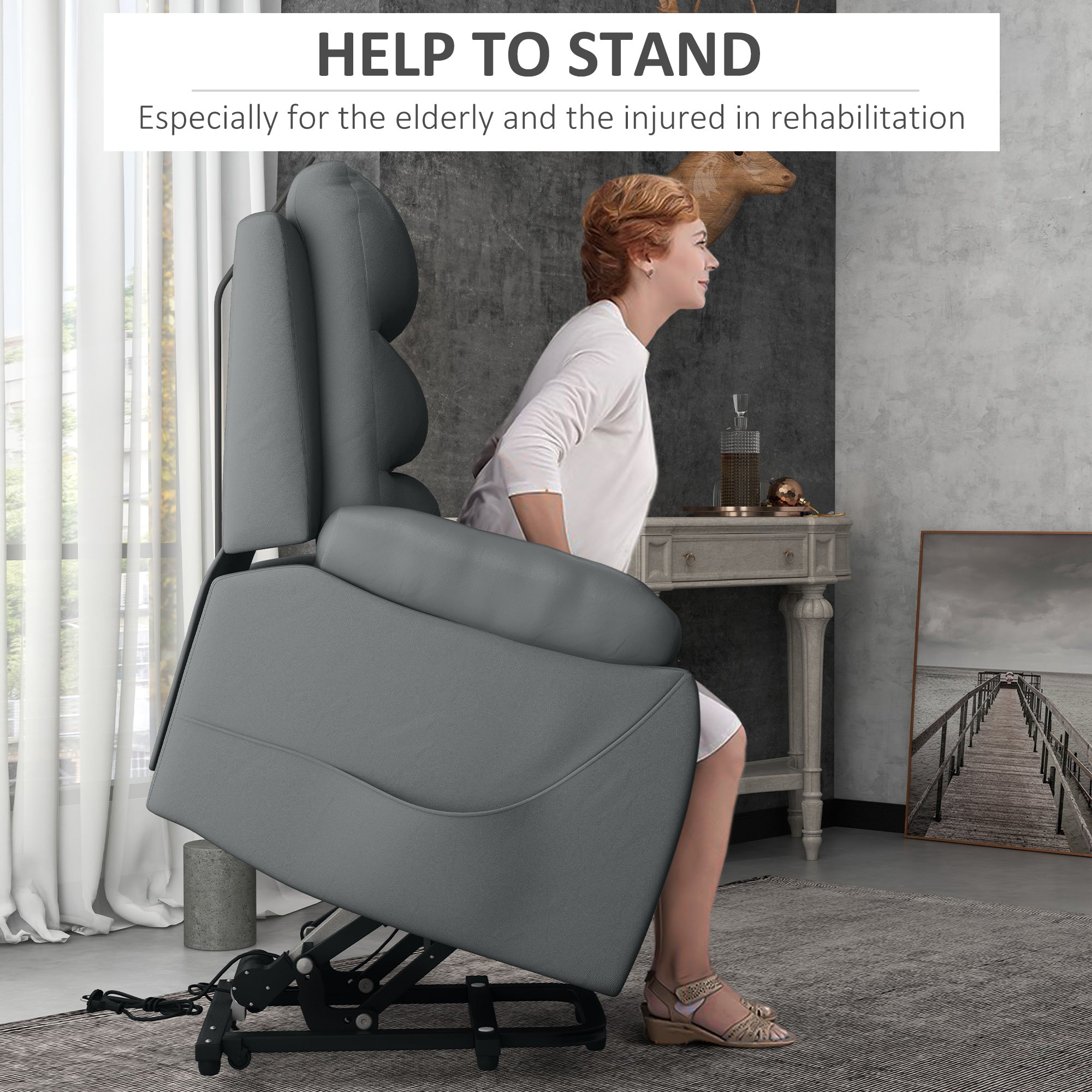 HOMCOM Electric Riser and Recliner for Elderly with 8 Vibration Massage, PU Leather Power Lift Recliner Chair for Living Room with Side Pockets, Footrest, Grey - North Peak Garden Furniture