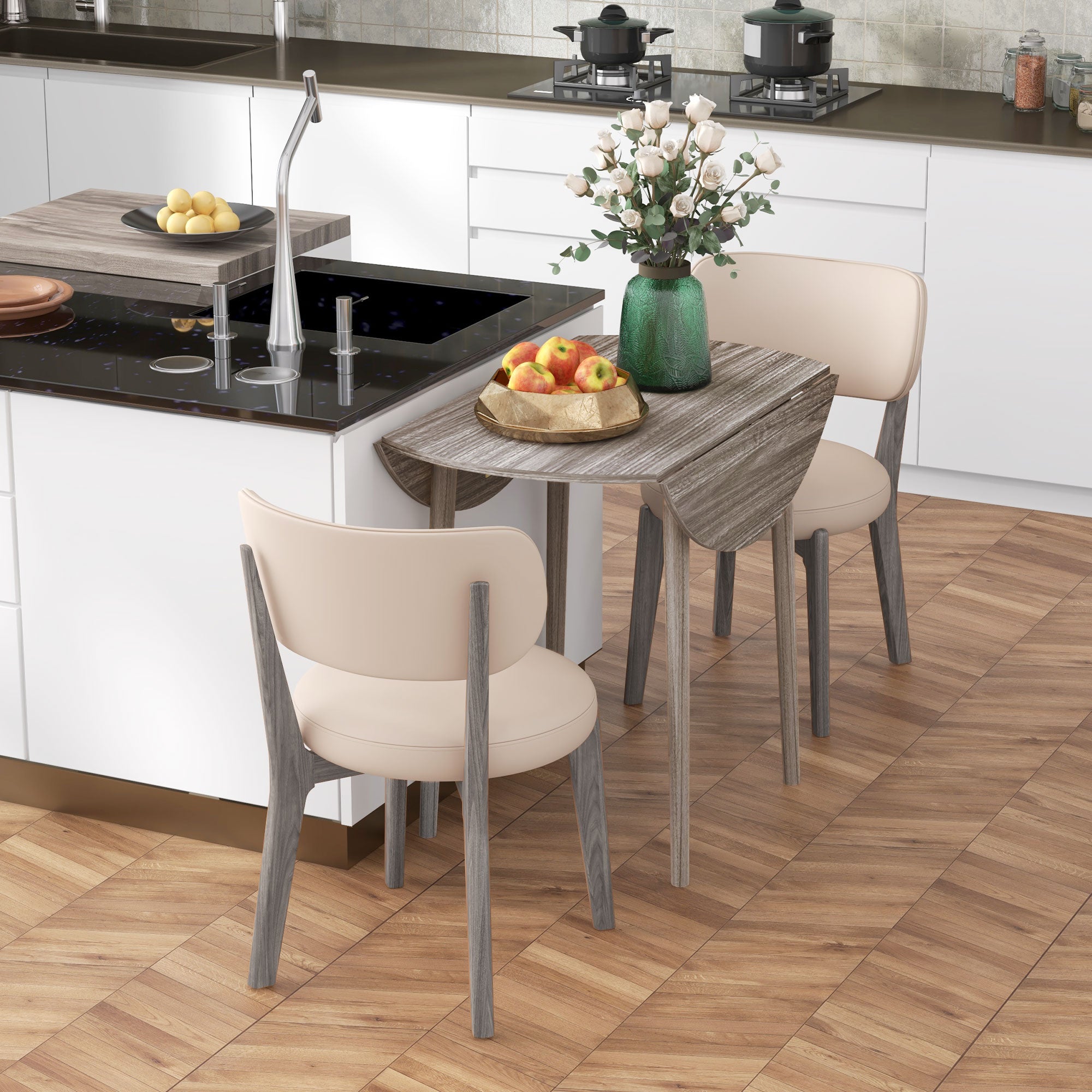 HOMCOM Folding Dining Table for 4, Round Drop Leaf Table, Modern Space Saving Small Kitchen Table with Wood Legs for Dining Room, Grey - North Peak Garden Furniture