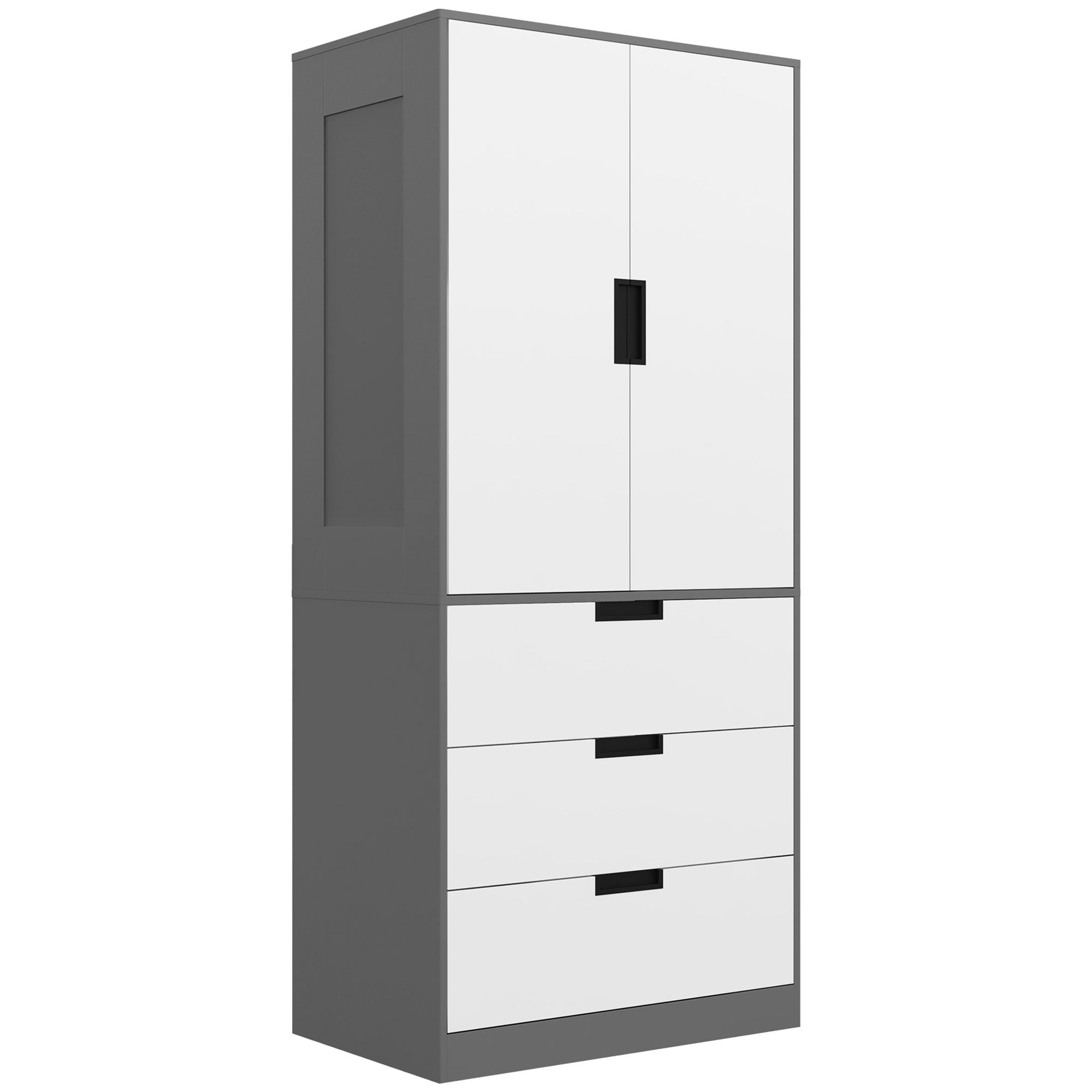 HOMCOM 2 Door Wardrobe, Modern Wardrobe with 3 Drawers and Hanging Rod for Bedroom, Grey - North Peak Garden Furniture