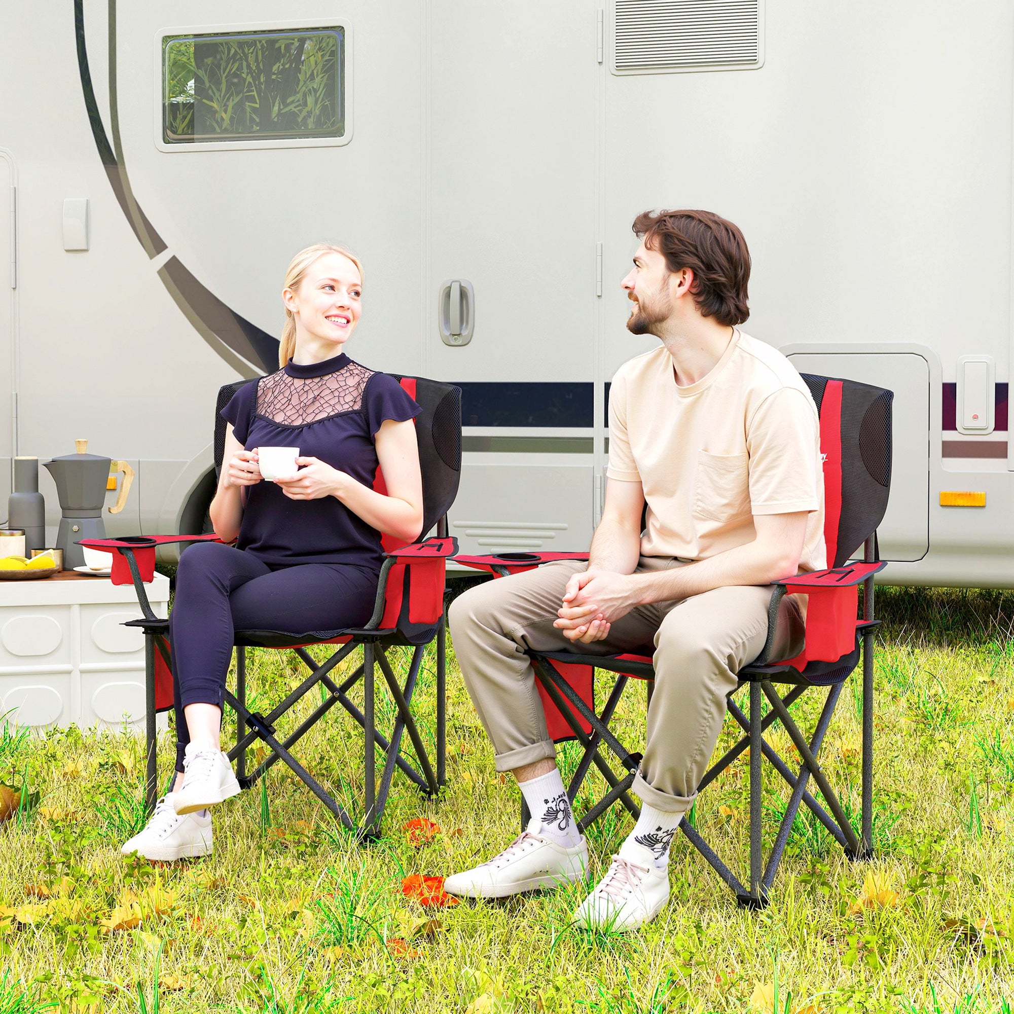 Outsunny Set of 2 Folding Camping Chairs, Padded Camping Chairs with Adjustable Armrests, Portable & Lightweight Folding Camp Chair with Cooler Bag, Cup Holder and Side Pockets, Red - North Peak Garden Furniture