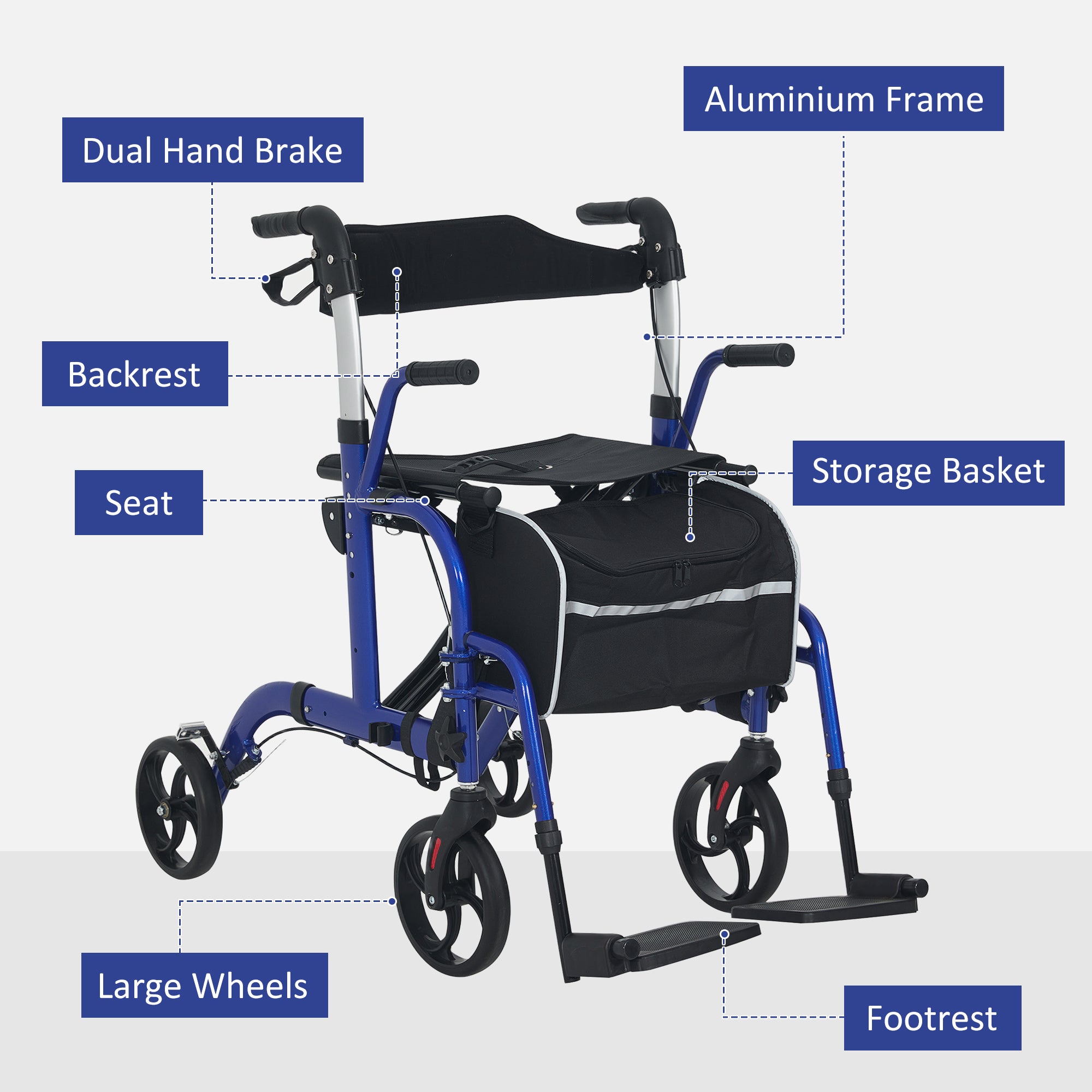 HOMCOM 2 in 1 Wheelchair Transport Chair & Folding Rollator Walker with Seat, Backrest, Footrest, Lightweight Walking Frame with Bag, Adjustable Height, 4 Wheeled Walker for Seniors, Pearl Blue - North Peak Garden Furniture