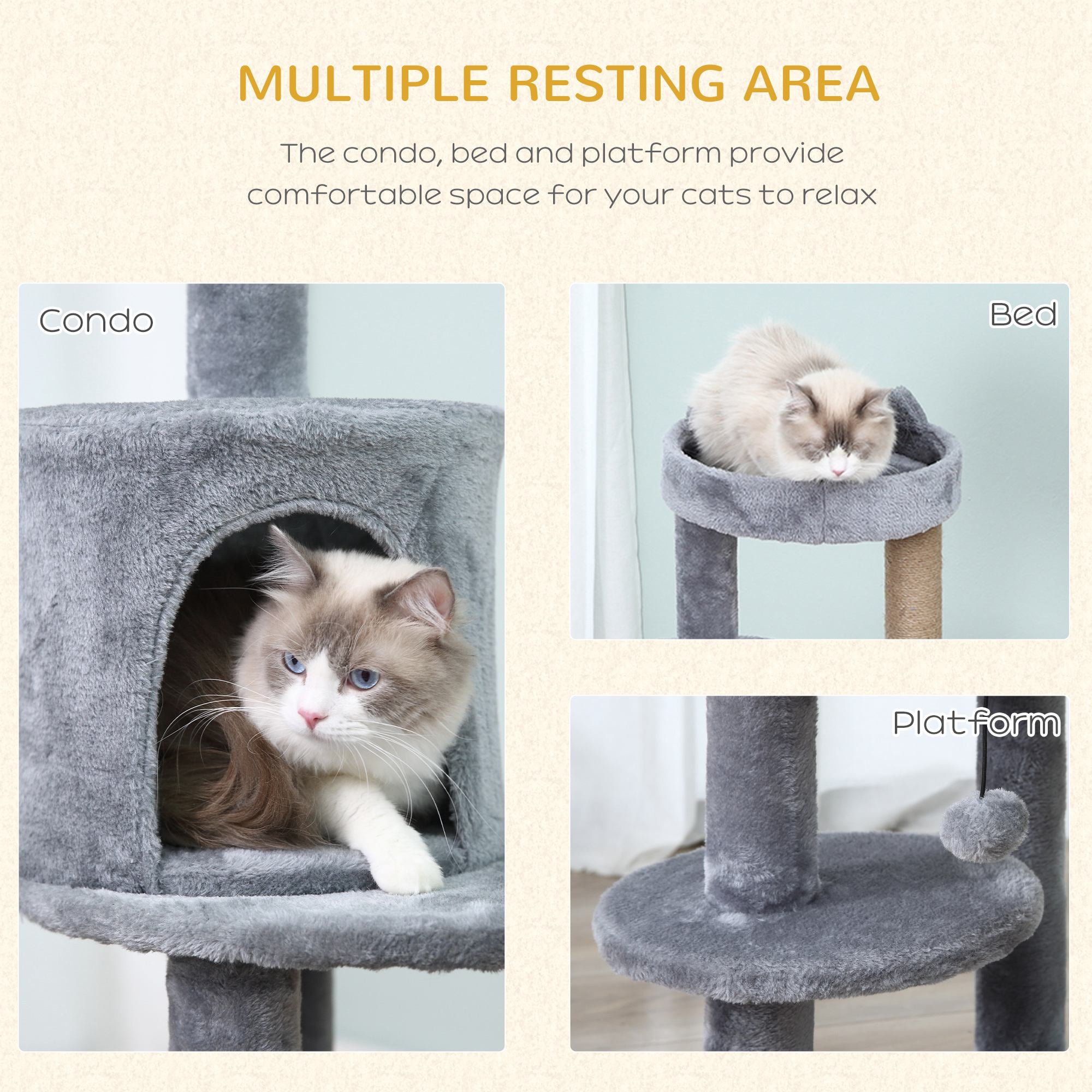 PawHut Deluxe Cat Tree with 3-Tier, Scratching Posts, Play Ball, and Plush Toy for Climbing and Relaxing, Grey