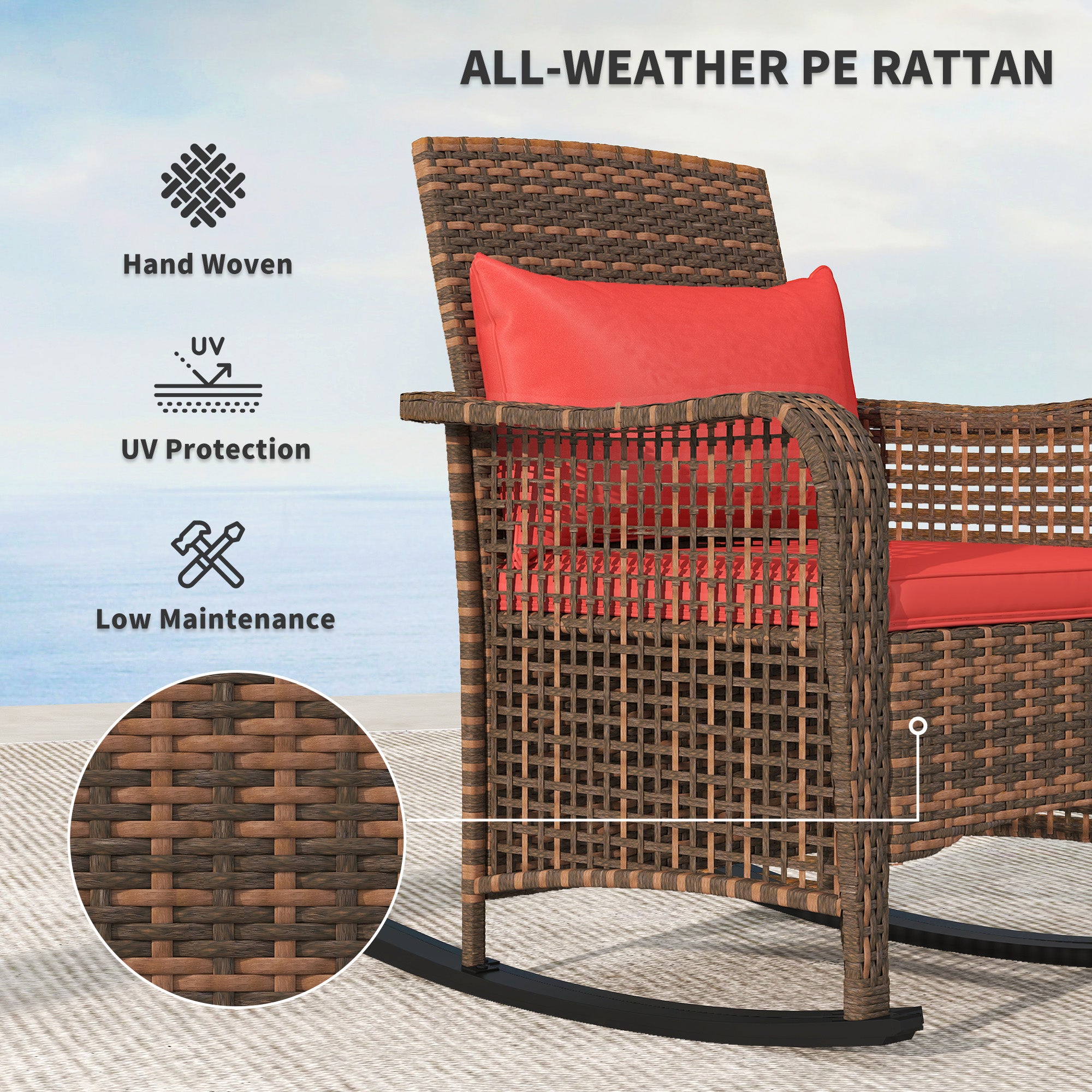 Outsunny Garden Rocking Chair, Outdoor Rattan Rocker Lounge Chair with Seat and Back Cushions, Patio Armchair Seat with All-weather Wicker, Steel Frame for Porch Balcony, Red - North Peak Garden Furniture