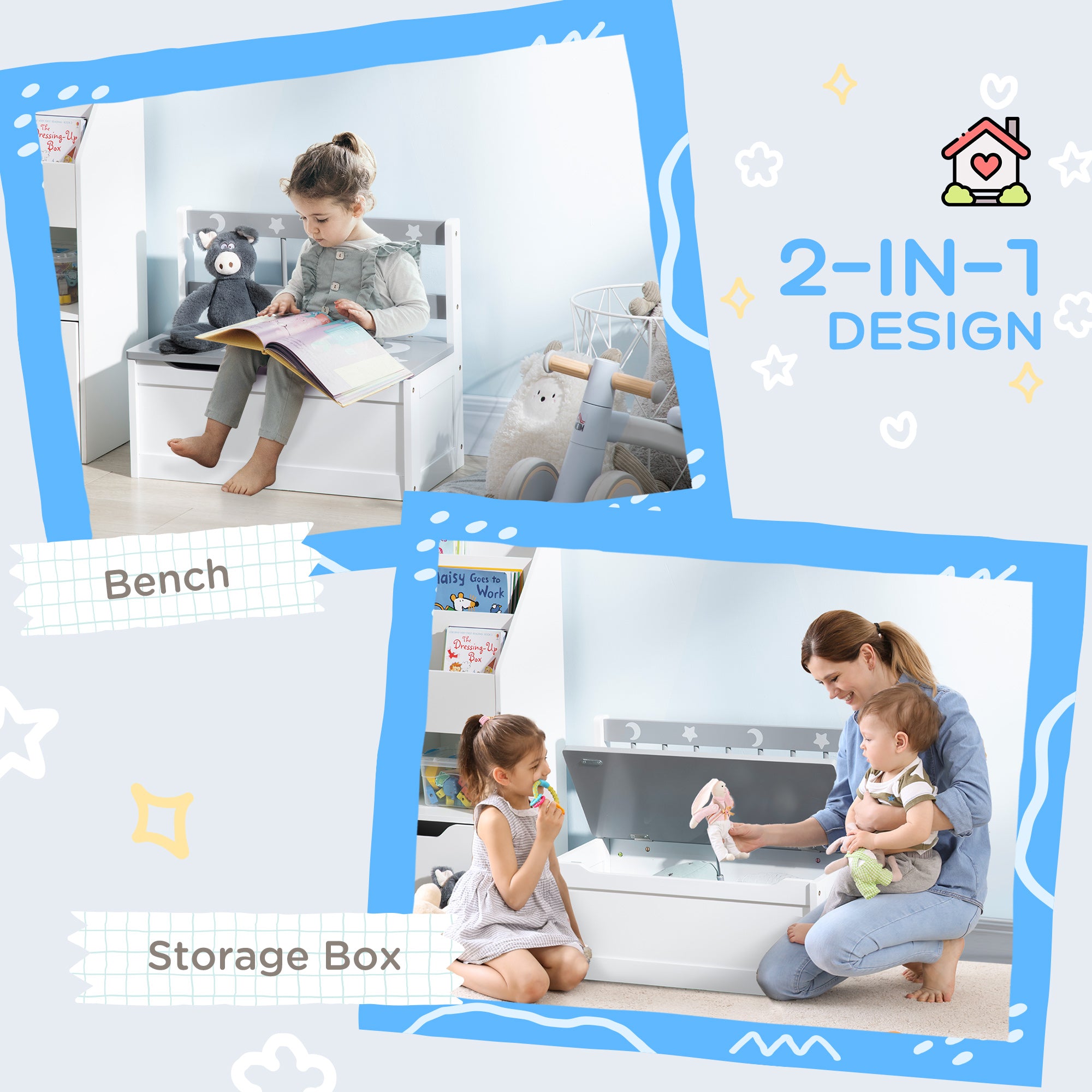 ZONEKIZ 2 In 1 Kids Storage Bench, Toy Box w/ Safety Rod - Grey - North Peak Garden Furniture