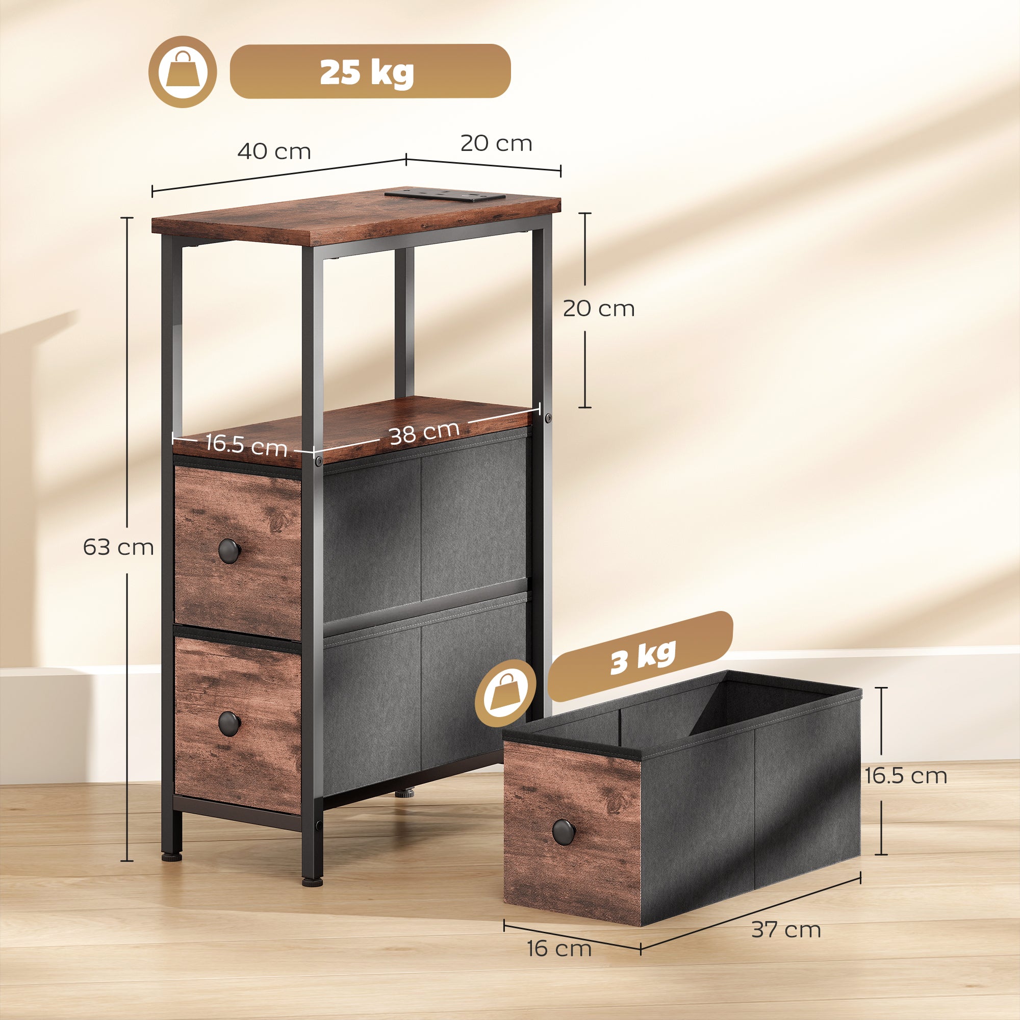 HOMCOM Side Table, Narrow Bedside Table with Charging Station, 2 Drawers, AC Outlet and 2 USB Ports for Living Room, Bedroom
