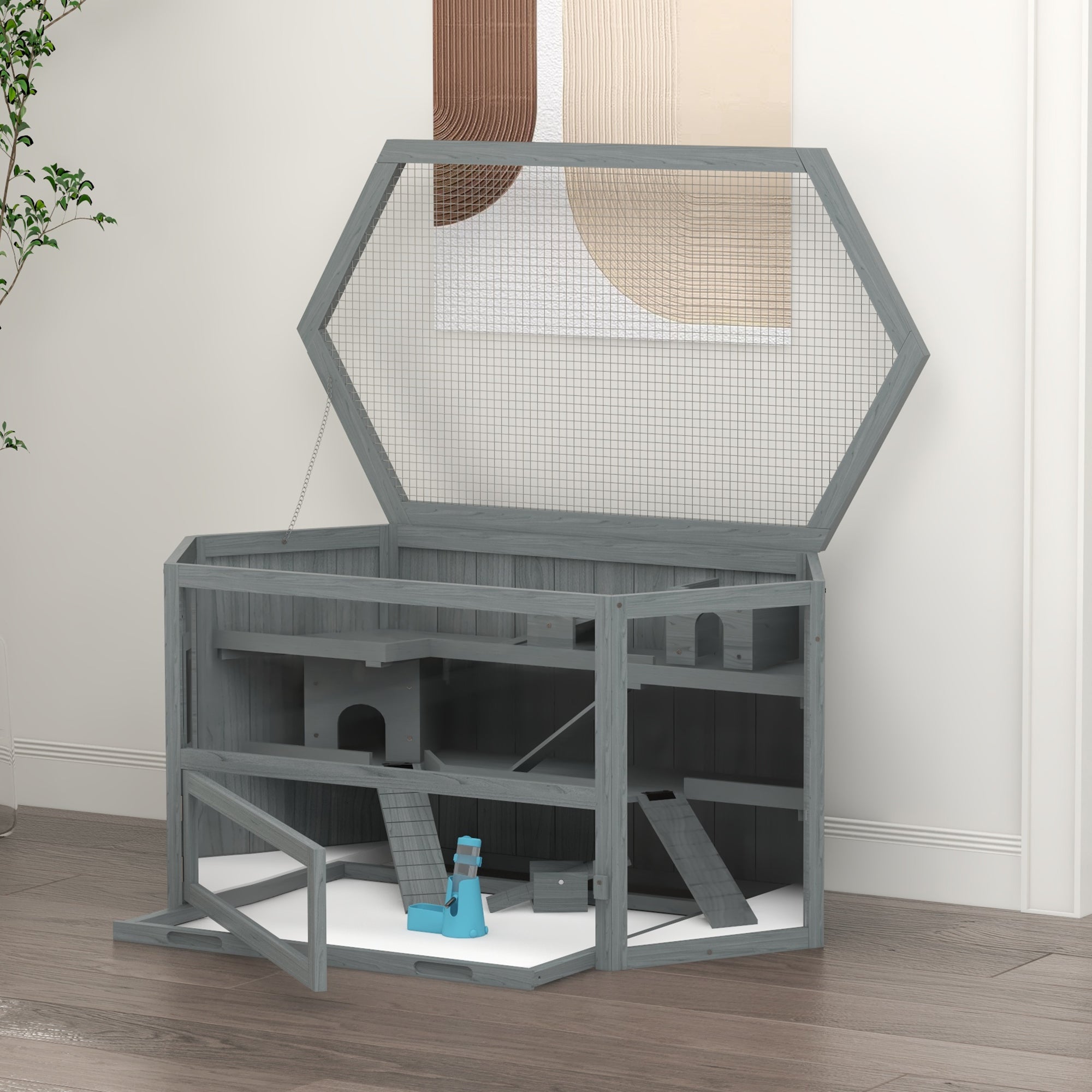 PawHut 3 Tier Wooden Large Hamster Cage with Sliding Tray, Seesaws, Water Bottle, Grey - North Peak Garden Furniture