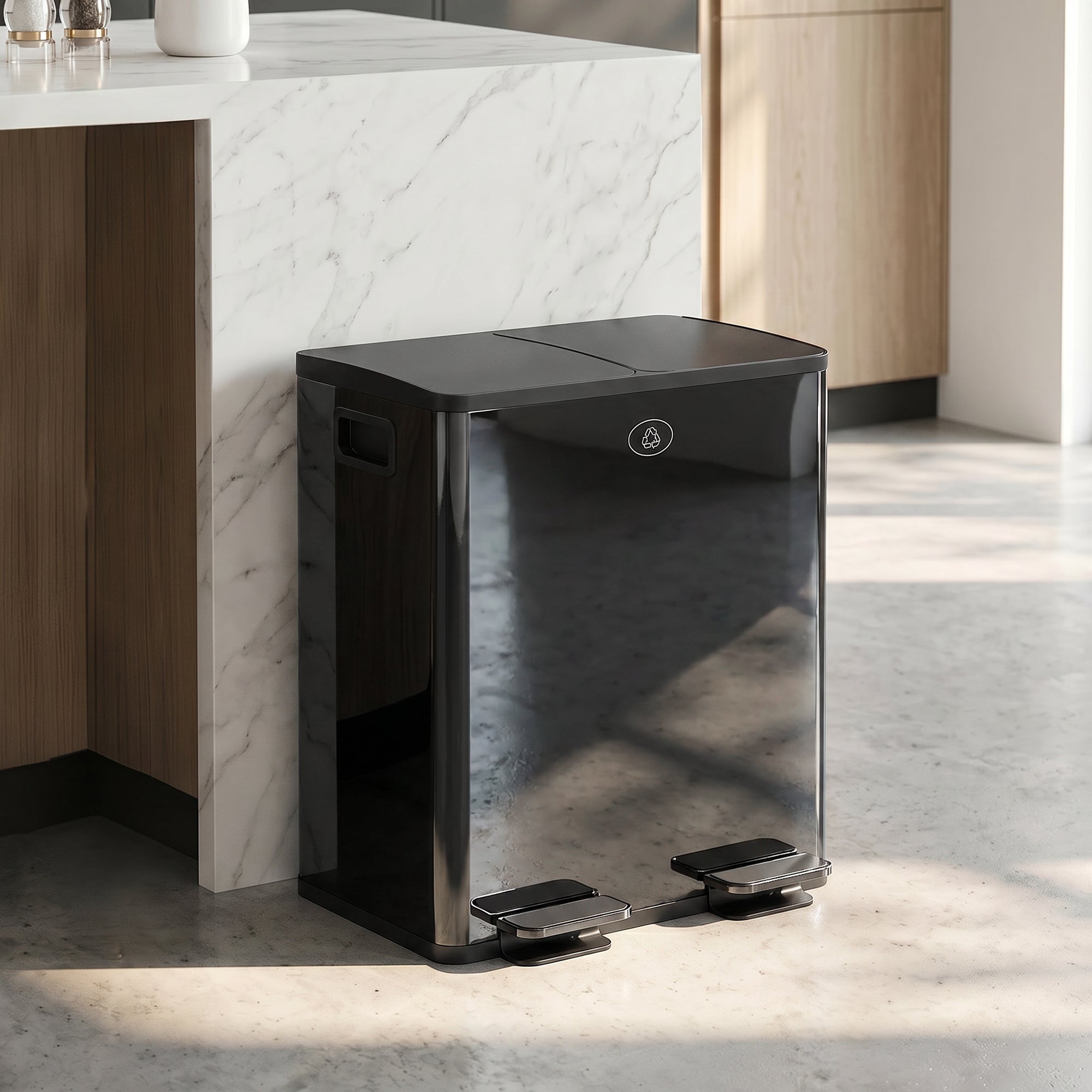 HOMCOM 40L Dual Compartment Stainless Steel Bin, with Deodoriser Holders - Black