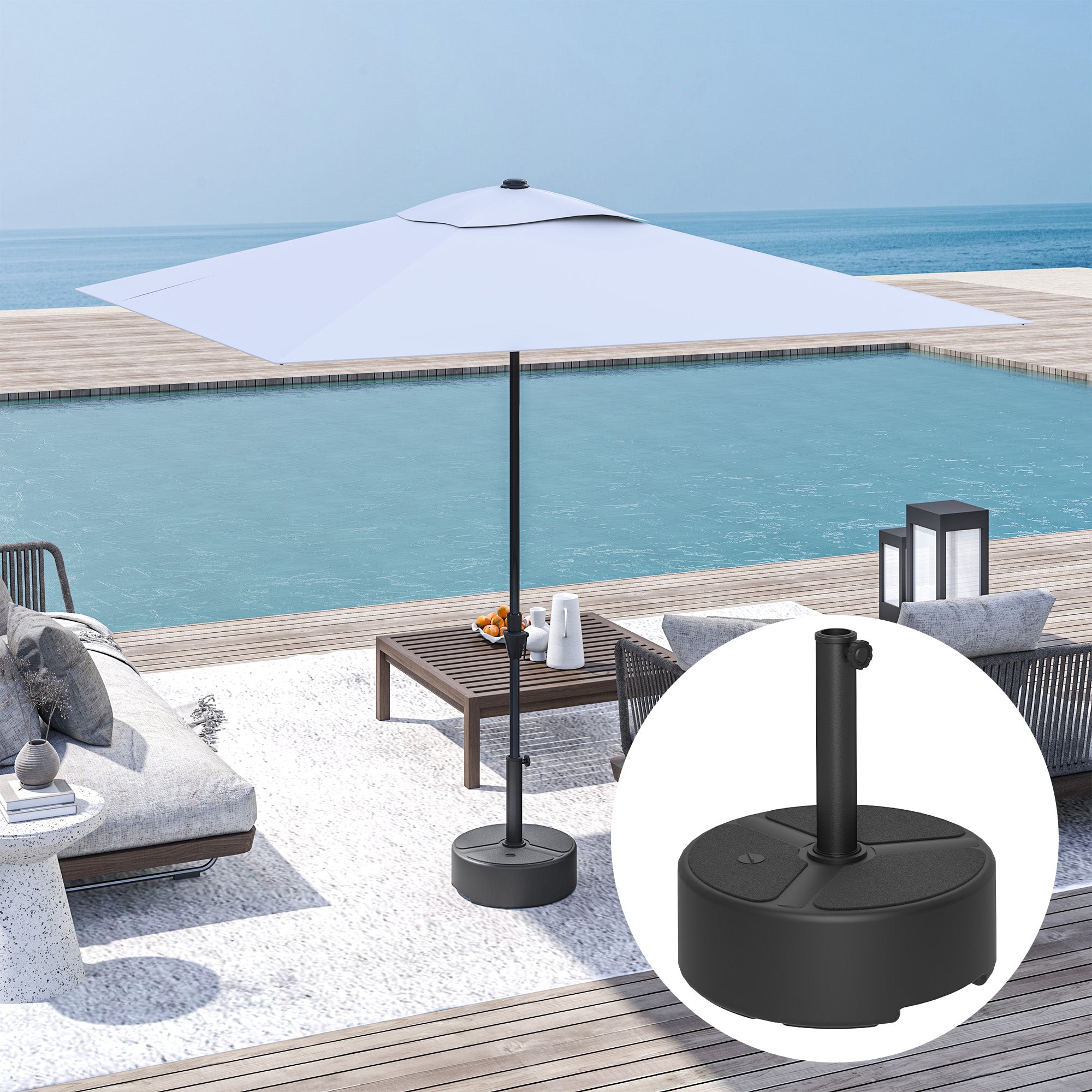 Outsunny Round Garden Parasol Base, Garden Umbrella Stand Heavy Duty Parasol Base, Filled Up to 20kg with Stand or 18kg with Water for 38, 48 mm Poles, Black - North Peak Garden Furniture