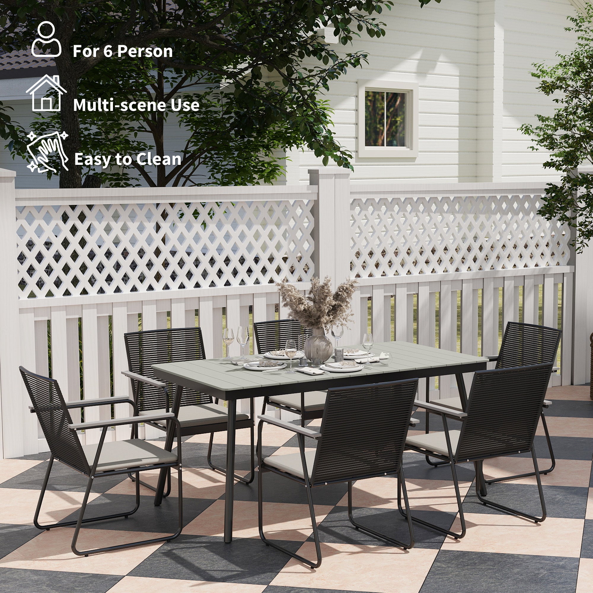 Outsunny 6 Seater Garden Dining Set with Soft Cushions, Rattan Backrest, Rectangular Plastic Top, Garden Furniture Set, Outdoor Dining Table and Chairs for Patio, Balcony, Poolside, Grey - North Peak Garden Furniture